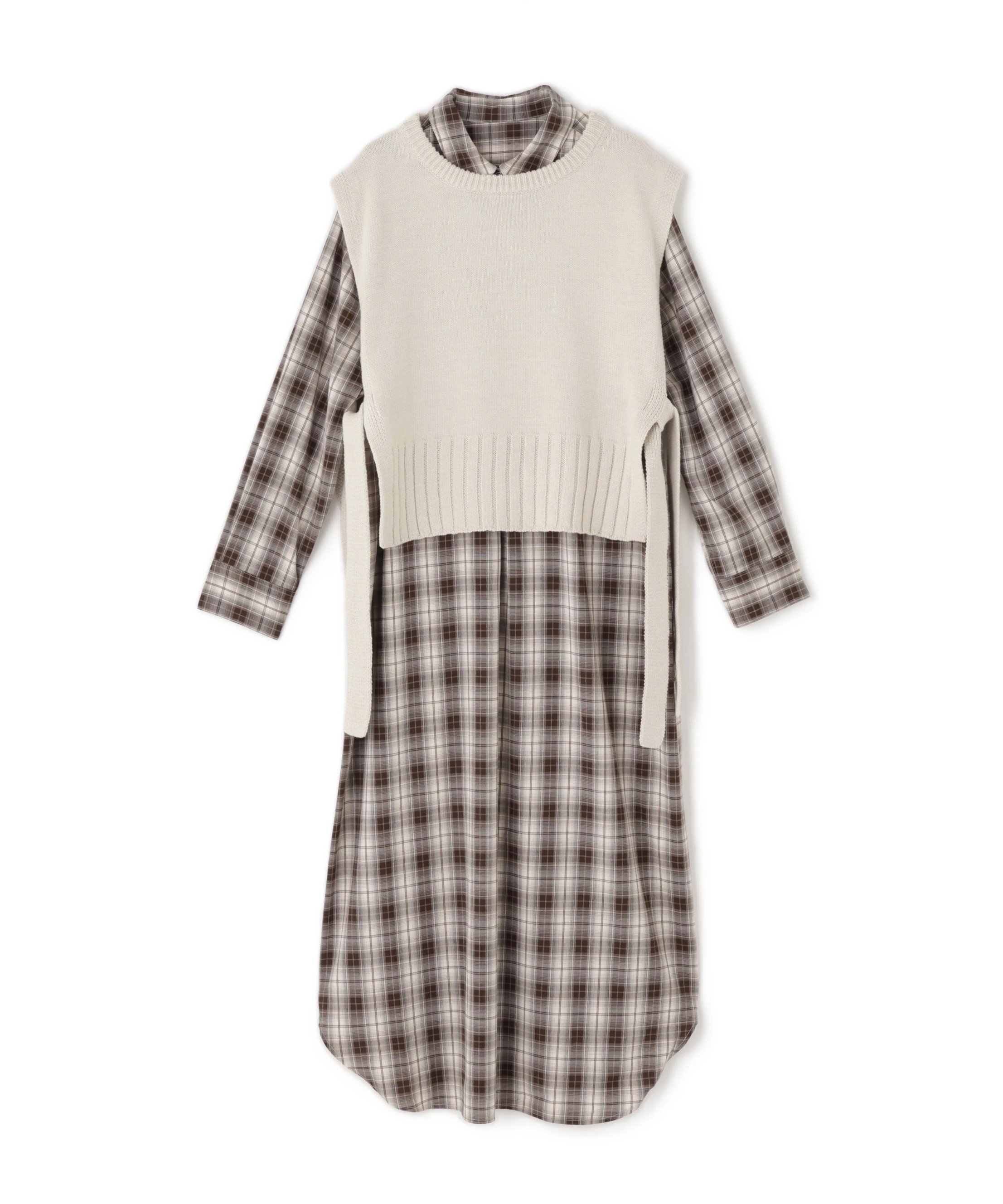 N. Natural Beauty Basic ニットベストセットチェックワンピース エヌ ナチュラルビューティーベーシック* ワンピース・ドレス ワンピース ネイビー ブラウン