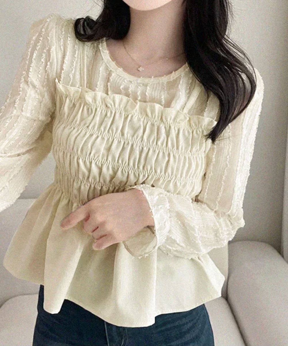 VIVID LADY VIVID LADY/(W)レイヤード風 シャーリングペプラムトップス ビビッドレディー トップス シャツ・ブラウス ベージュ ブラック