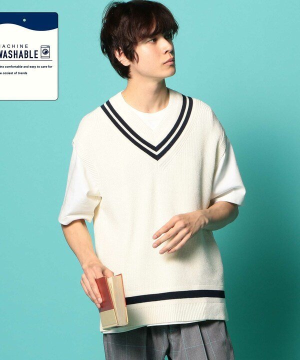 【SALE／70%OFF】UNION STATION 【トレンドアイテム】畦編みチルデンニットベスト [MACHINE WASHABLE] メンズ ビギ コート/ジャケット ベスト ホワイト ブラウン