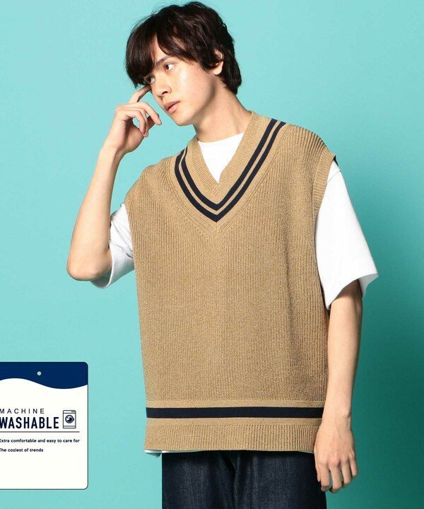 【SALE／70%OFF】UNION STATION 【トレンドアイテム】畦編みチルデンニットベスト [MACHINE WASHABLE] メンズ ビギ コート/ジャケット ベスト ホワイト ブラウン