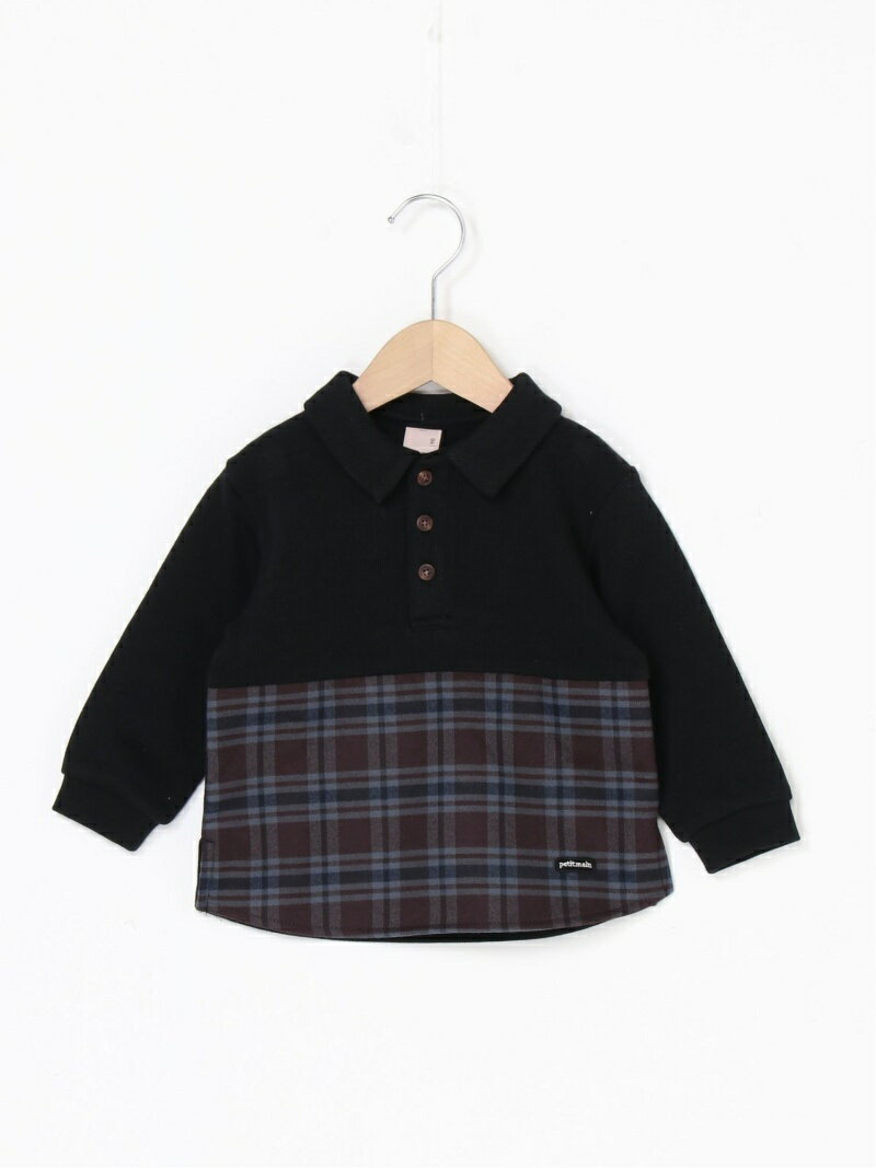【SALE／50%OFF】petit main チェック切替ポロ長袖 ナルミヤオンライン トップス その他のトップス ブラック グリーンのサムネイル