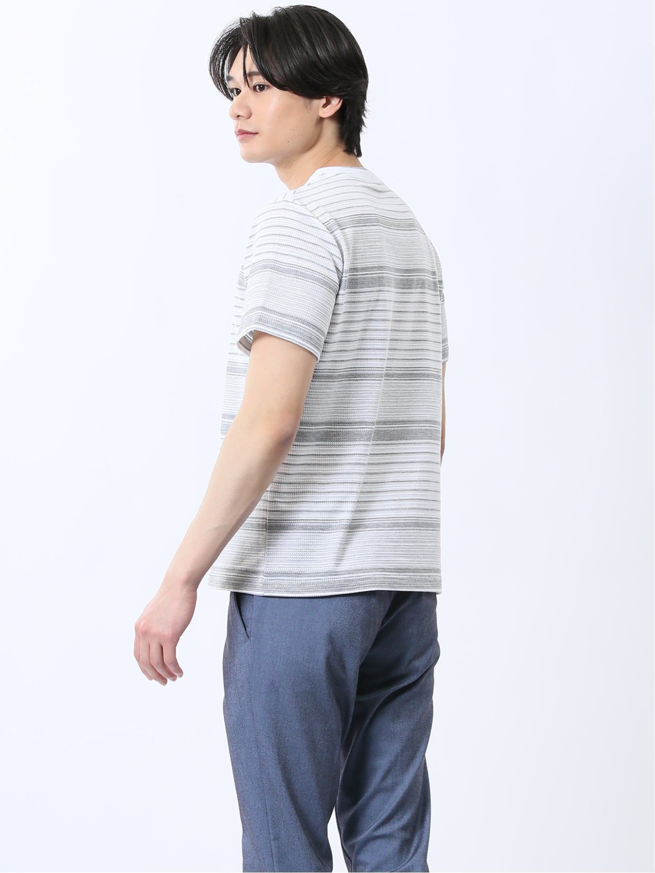【SALE／10%OFF】TAKA-Q ポップコーンボーダー クルーネック半袖Tシャツ タカキュー トップス カットソー・Tシャツ グレー ネイビー