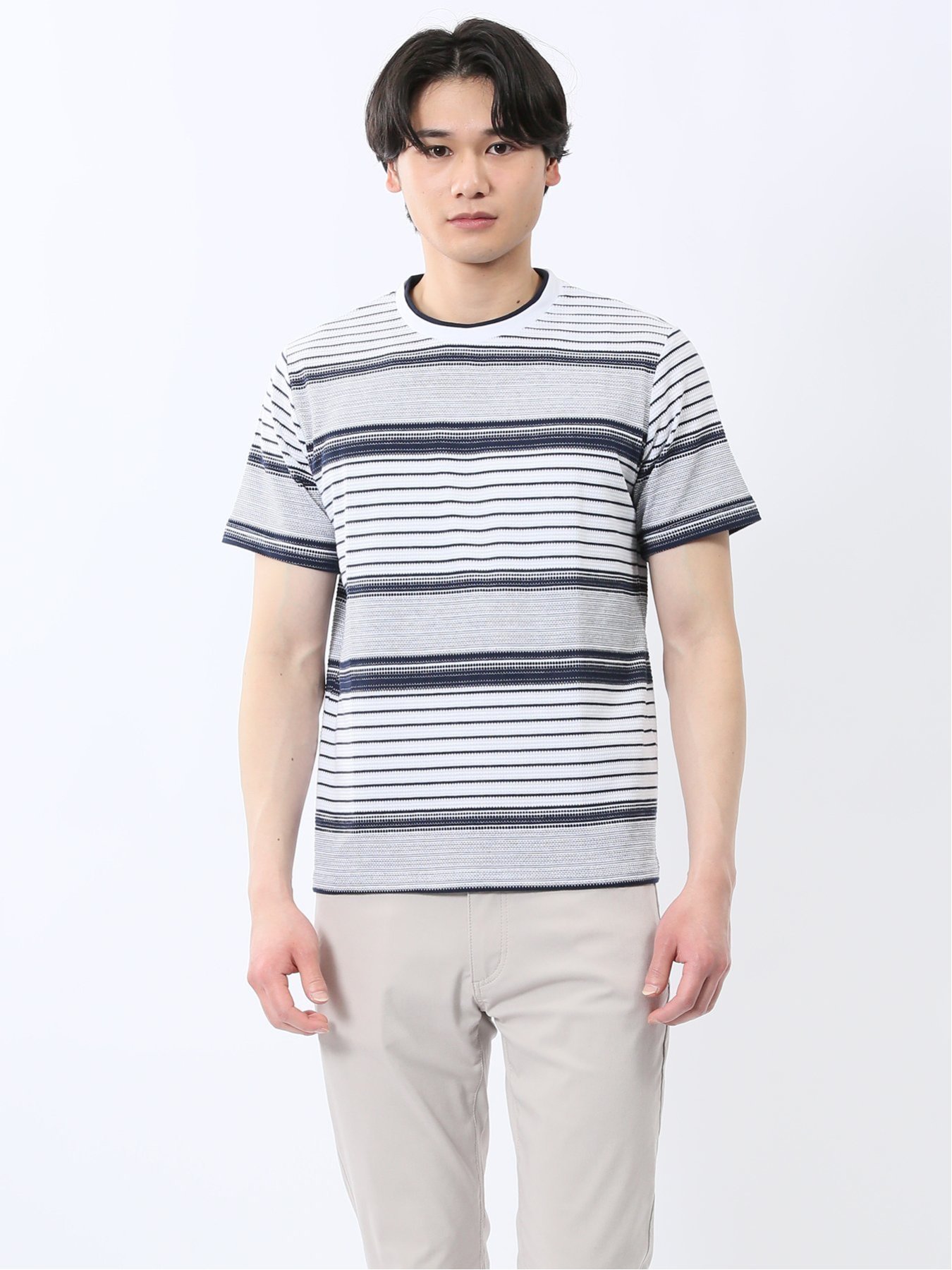 【SALE／10%OFF】TAKA-Q ポップコーンボーダー クルーネック半袖Tシャツ タカキュー トップス カットソー・Tシャツ グレー ネイビー