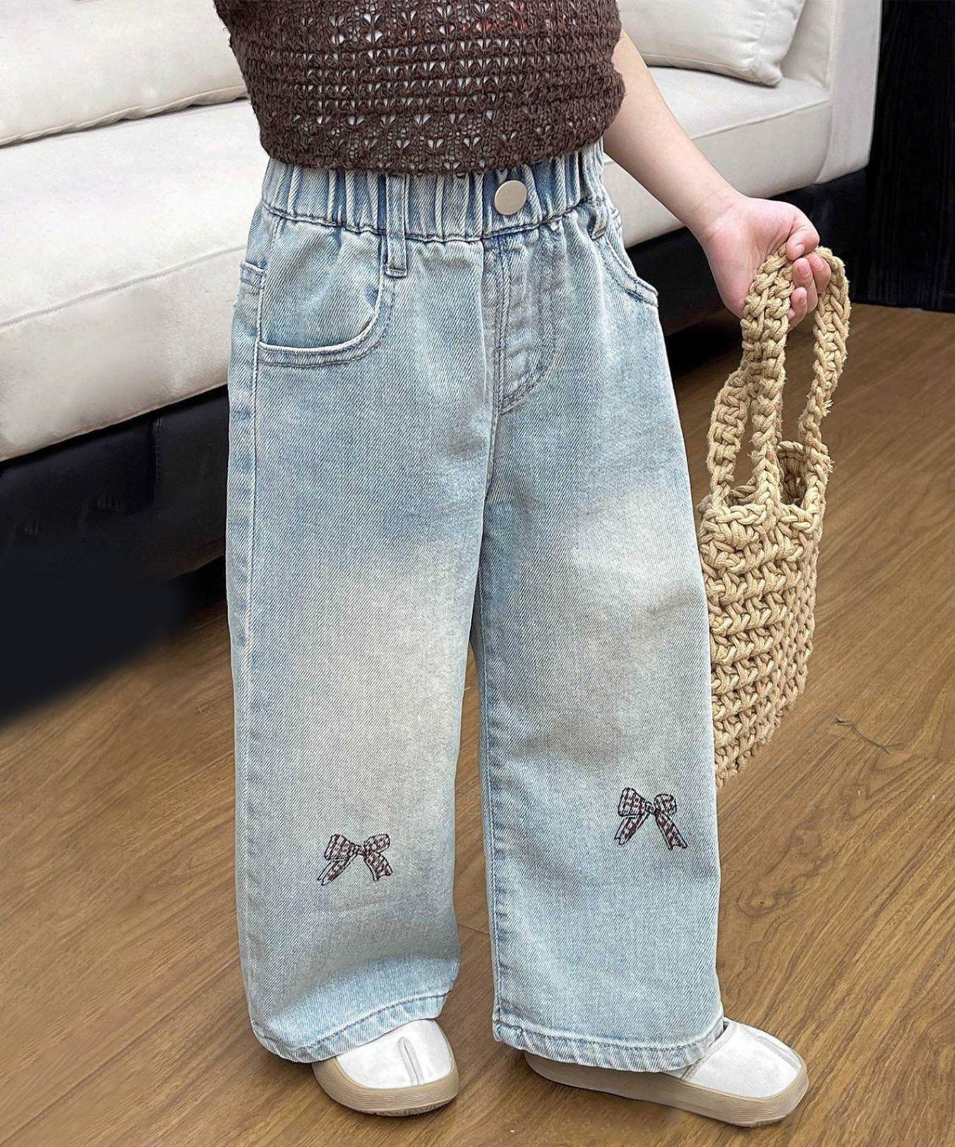 【SALE／20%OFF】aimoha KIDS 【aimoha-KIDS-】リボン刺繍デニムパンツ アイモハ パンツ ジーンズ・デニムパンツ ブルー