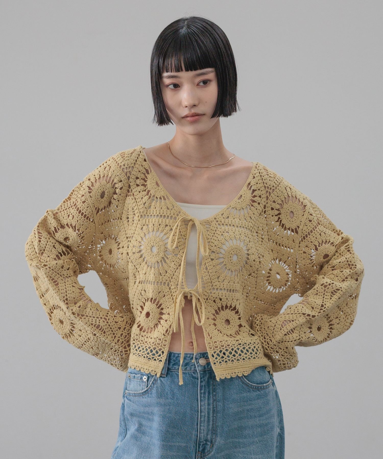 【SALE／30%OFF】LOWRYS FARM クロシェニットカーディガン ローリーズファーム トップス ニット ホワイト ブラック イエロー【送料無料】