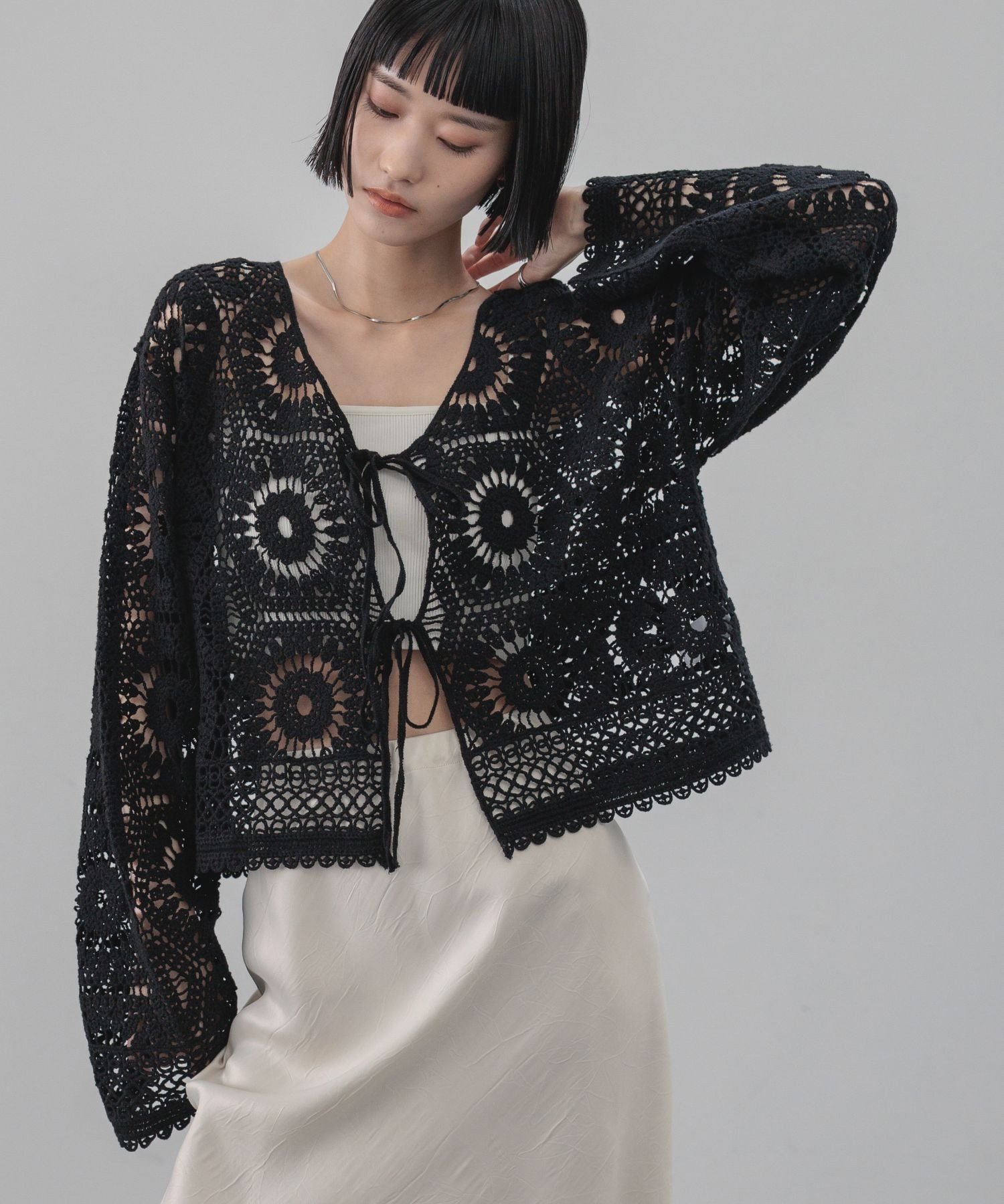 【SALE／30%OFF】LOWRYS FARM クロシェニットカーディガン ローリーズファーム トップス ニット ホワイト ブラック イエロー【送料無料】