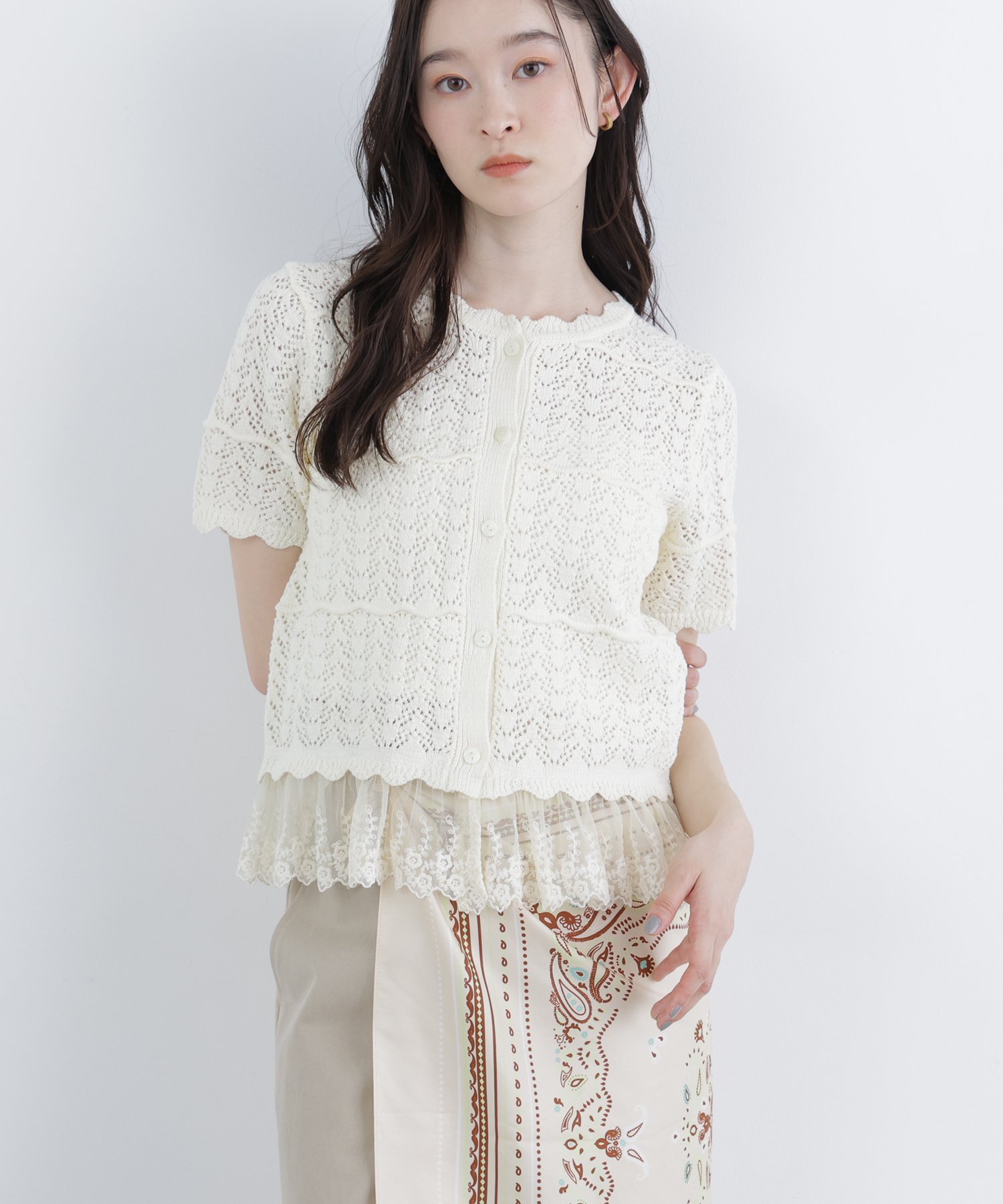 NATURAL BEAUTY BASIC ＜N.＞レースドッキング透かし編みカーディガン ナチュラルビューティベーシック トップス ニット ブラウン ホワイト ブラック【送料無料】