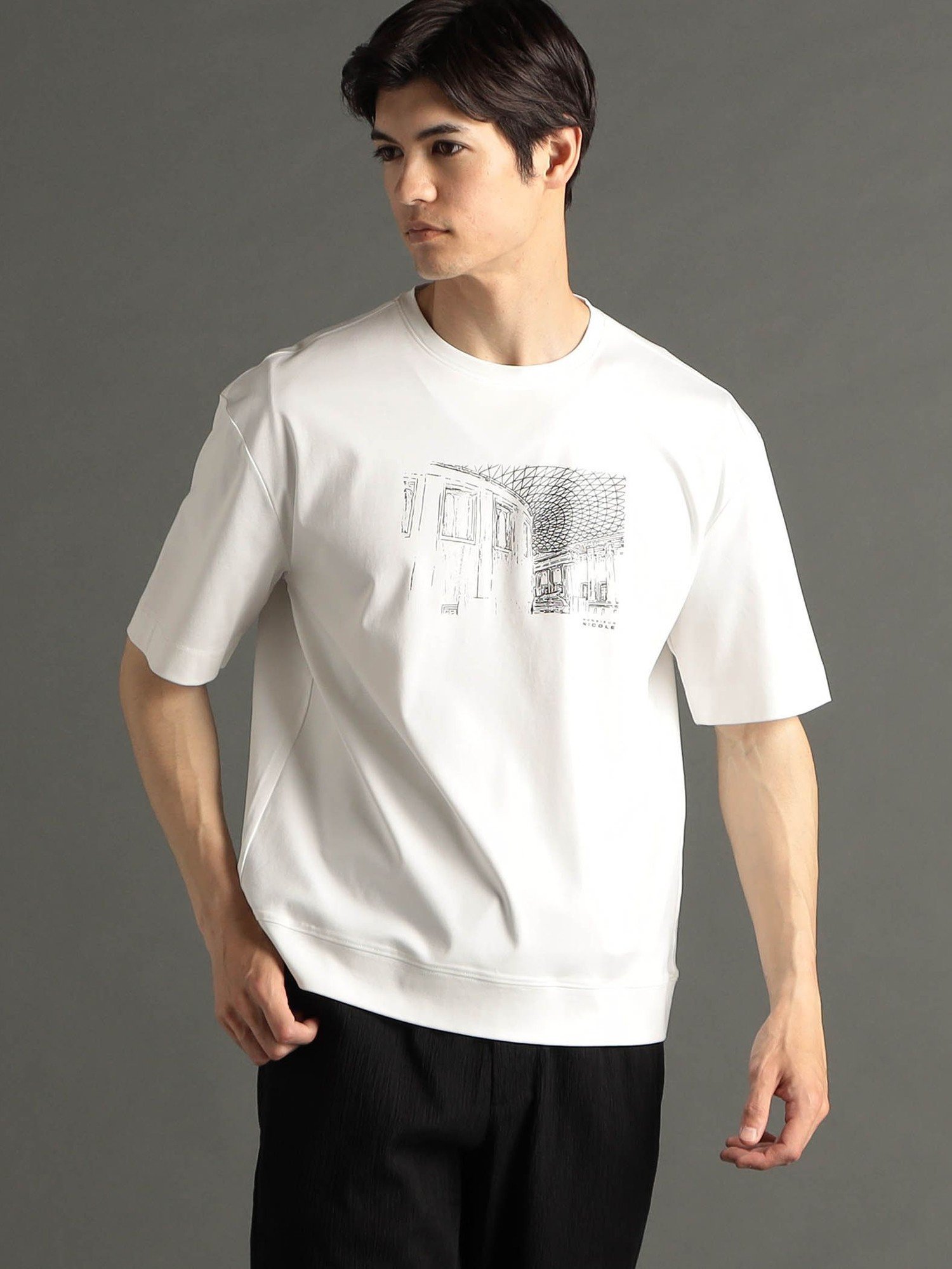 MONSIEUR NICOLE イラストプリントTシャツ ニコル トップス カットソー・Tシャツ ブラック ホワイト