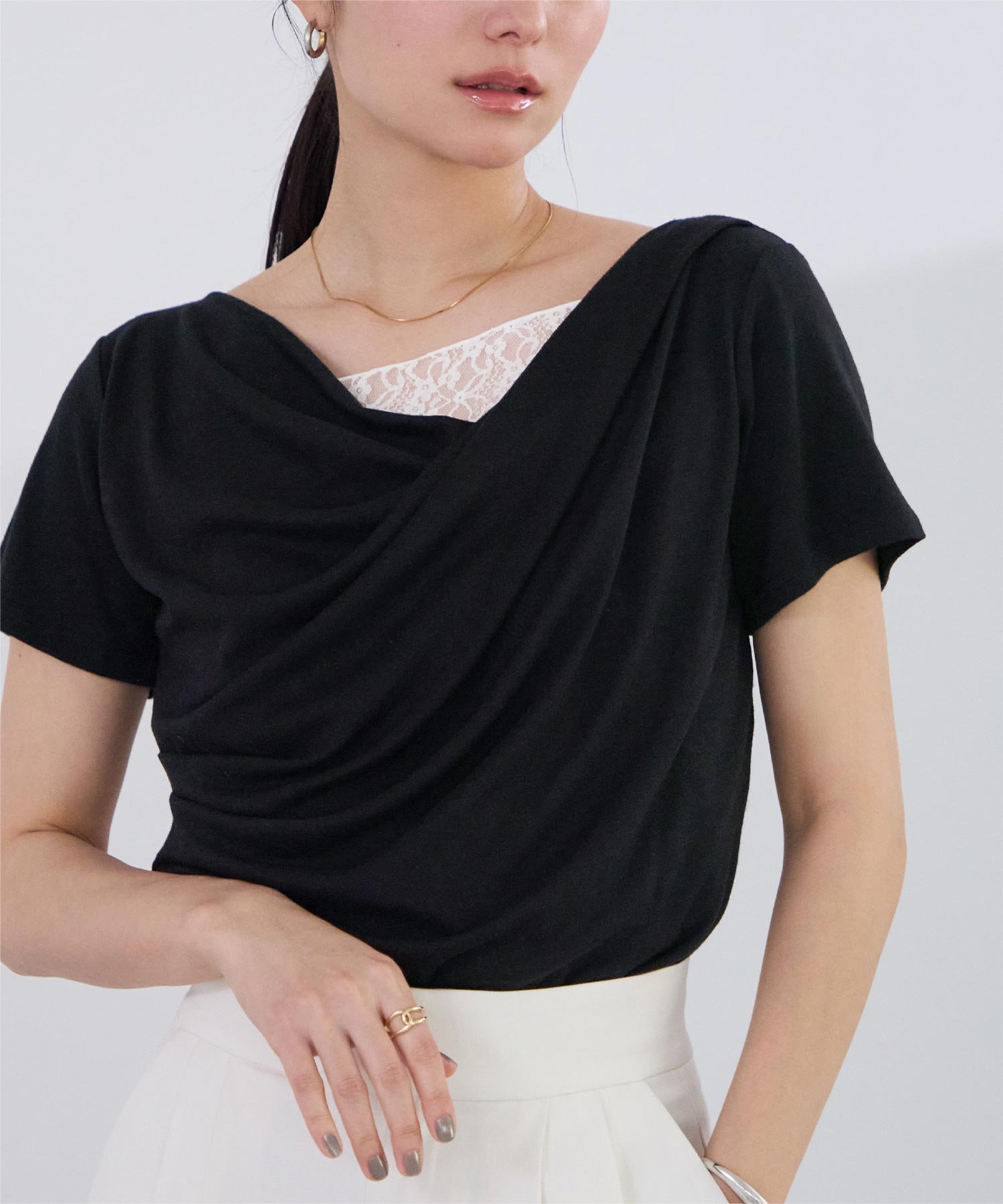 ur's オフショルダーハーフスリーブレースドッキングTシャツ カットソー レイヤード風 ユアーズ トップス カットソー・Tシャツ ベージュ ブラック