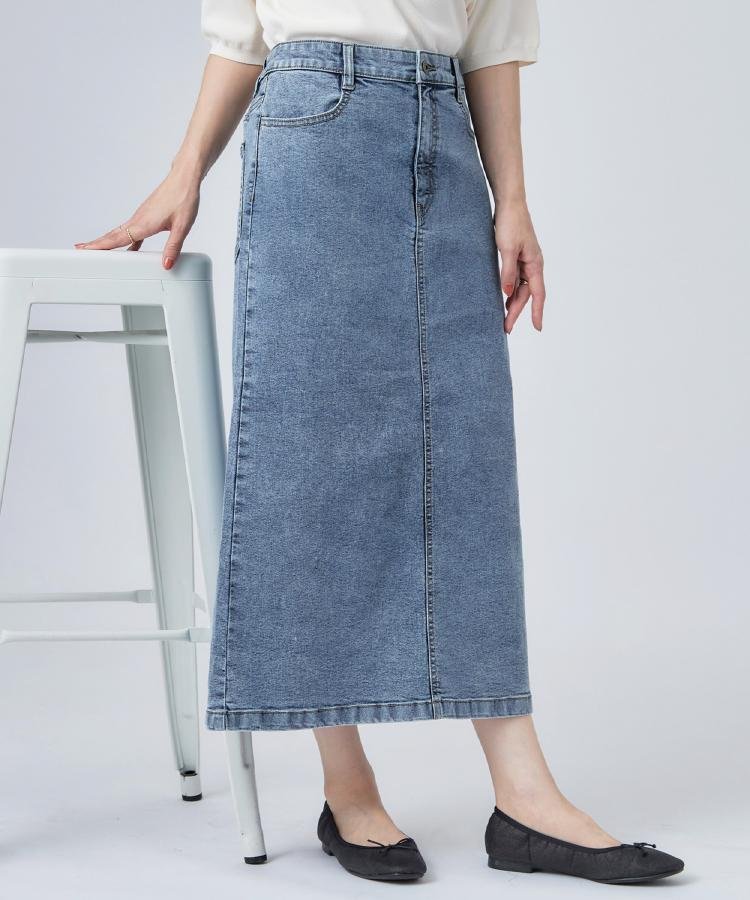 SHOO・LA・RUE 【洗濯機可/S-LL】程よいシルエットで使いやすい ストレッチデニムスカート シューラルー スカート その他のスカート ネイビー ブルー【送料無料】