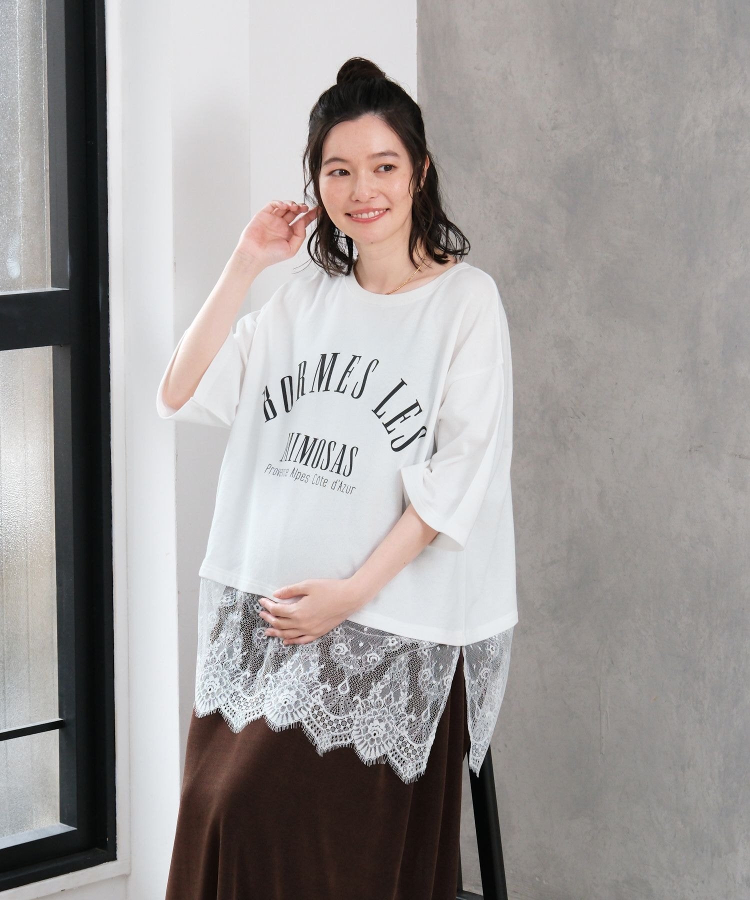【SALE／25%OFF】LEPSIM 【産前・産後対応】マタニティ/6分袖ミニ裏毛ロゴレース レプシィム マタニティウェア・ベビ…