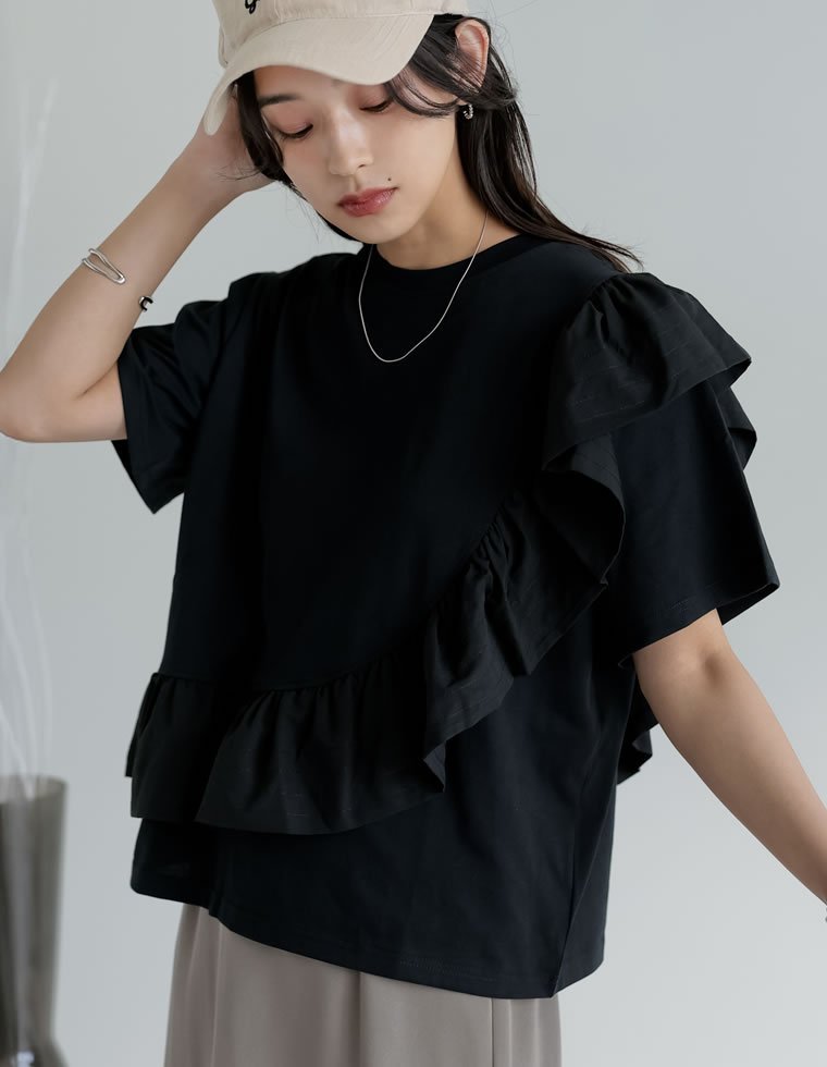 Re:EDIT 異素材フリルドッキングTシャツ リエディ トップス カットソー・Tシャツ ブラック ホワイト【送料無料】 stylife-15185267 Rakuten Fashion サンプル画像3