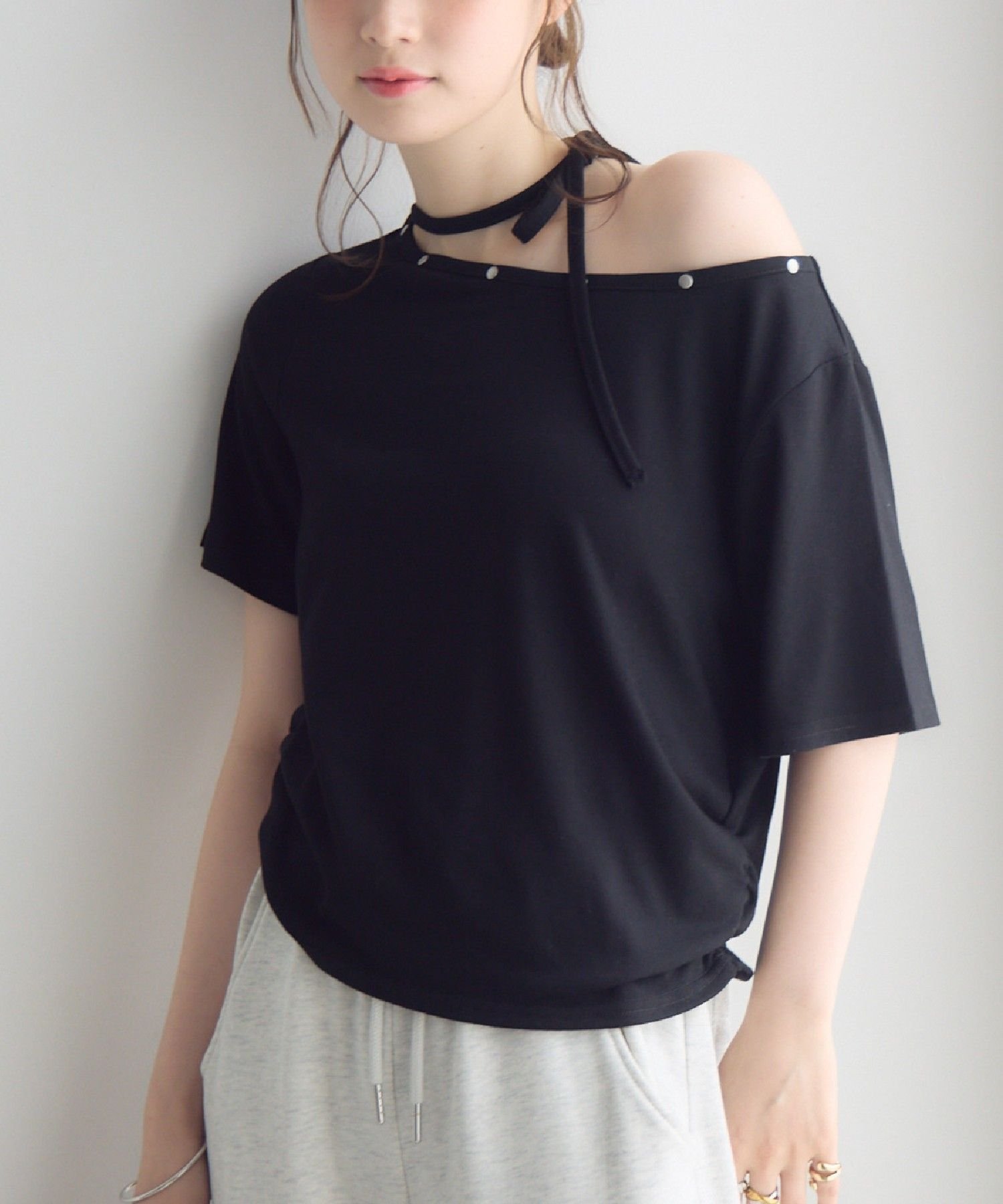 RETRO GIRL ネックリボン半袖カットソー レトロガール トップス カットソー・Tシャツ ホワイト ブラック