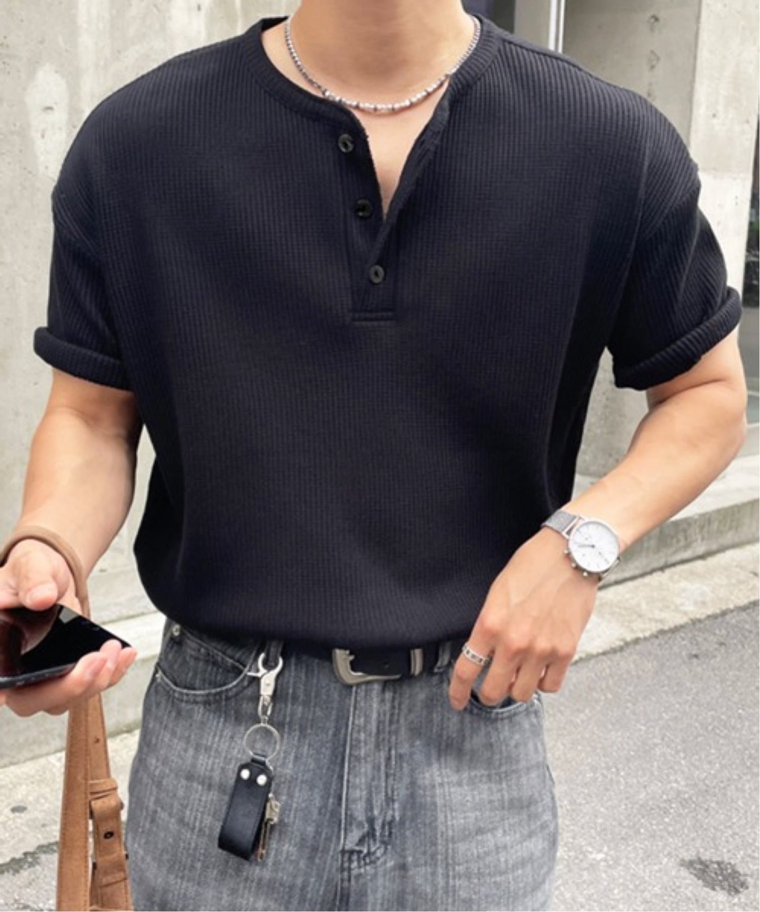 NOWLE NOWLE/(M)【NOWLE】凹凸ワッフル サーマル ヘンリーネック 半袖 Tシャツ/ アーバンリラックス ショートスリーブ トップス チェルカ トップス カットソー・Tシャツ ブラック ホワイト