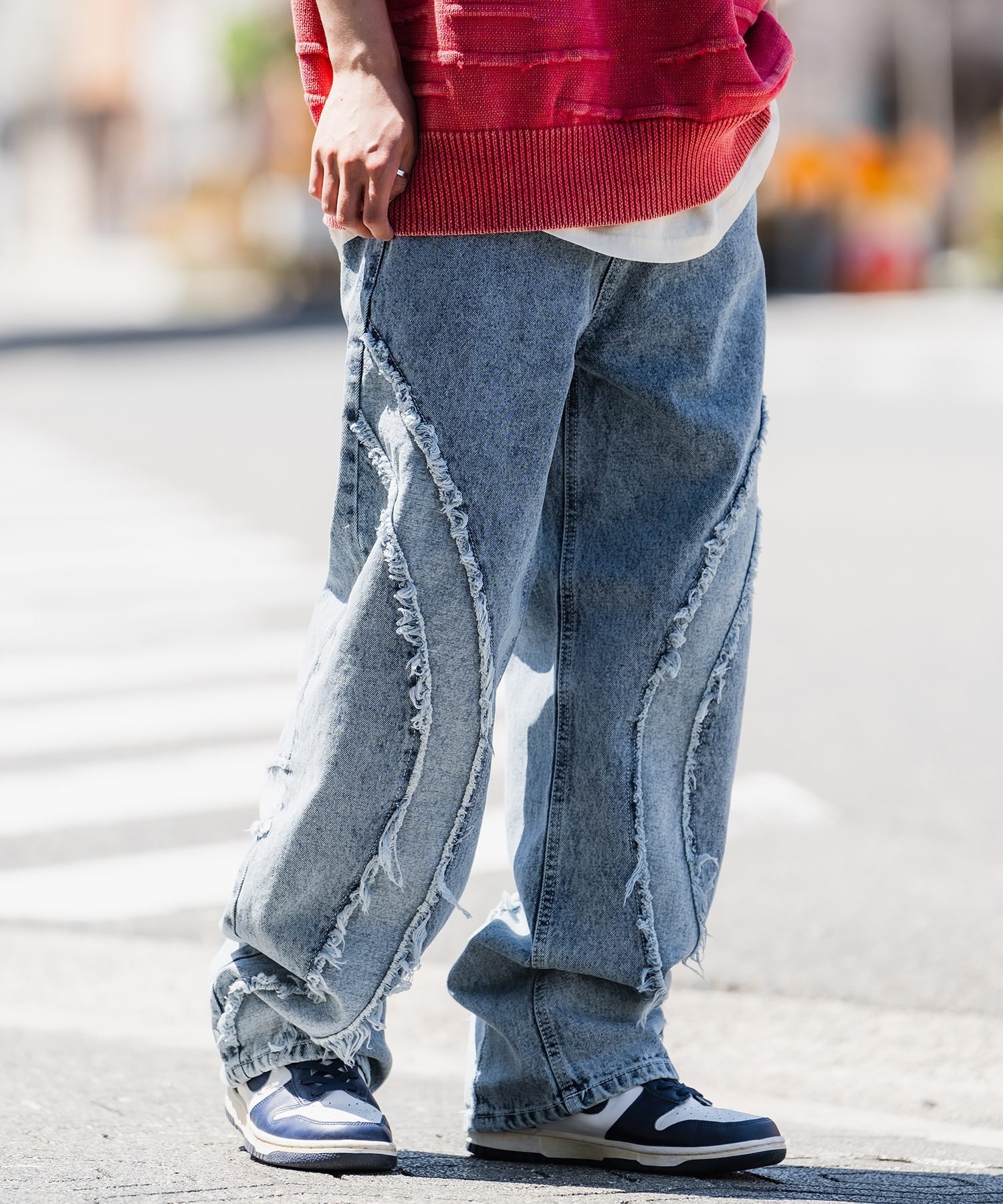 【SALE／40%OFF】improves フリンジ切替デザイン ワイドデニムパンツ インプローブス パンツ ジーンズ・デニムパンツ ブルー ブラック【送料無料】