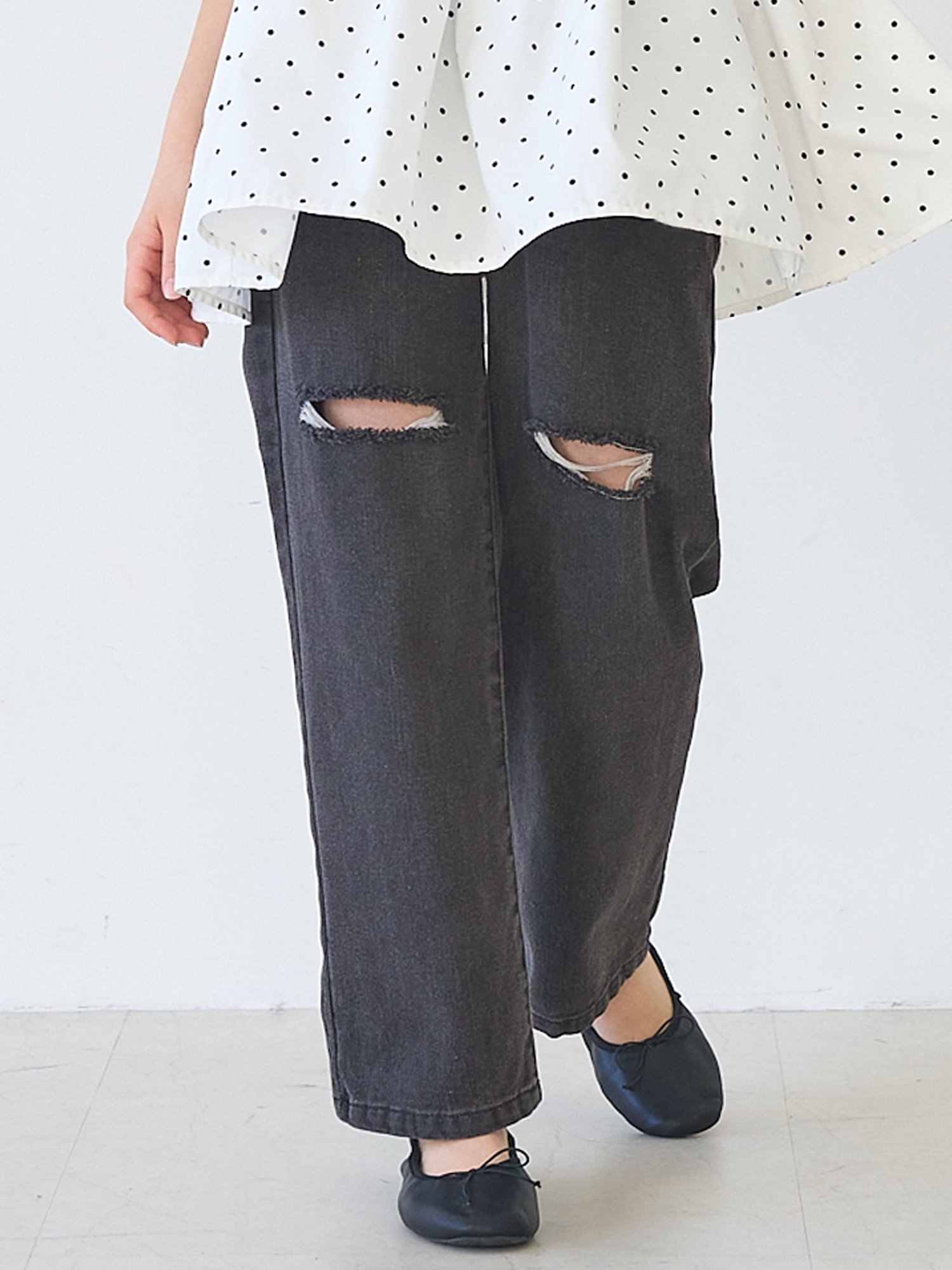 【SALE／25%OFF】coca キッズダメージ加工デニムロングパンツ コカ パンツ ジーンズ・デニムパンツ ブラック ブルーのサムネイル