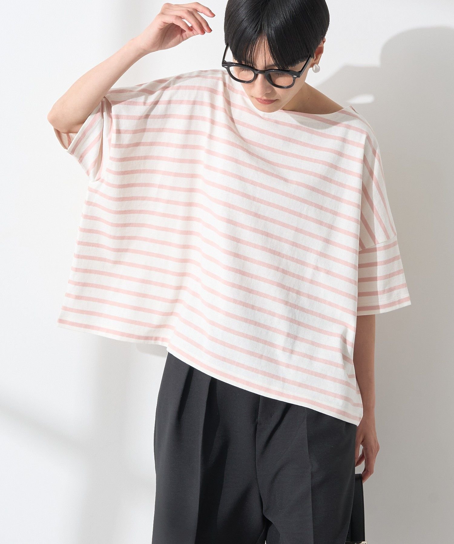 ★NODE POINT》Tシャツ/カットソーピンク ボーダー 重ね着風 ボーダー 生地（カラーピンク）（Tシャツ・カットソー