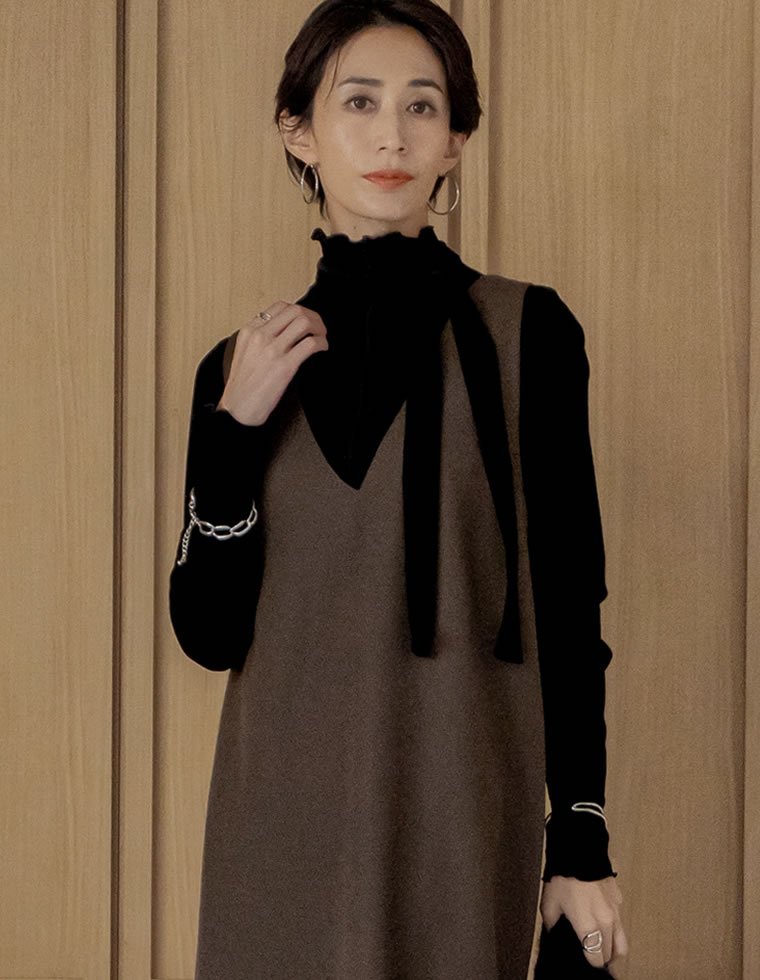 Re:EDIT ベロアスカーフ付きハイネックトップス リエディ トップス カットソー・Tシャツ ホワイト グレー ブラック ブラウン【送料無料】のサムネイル