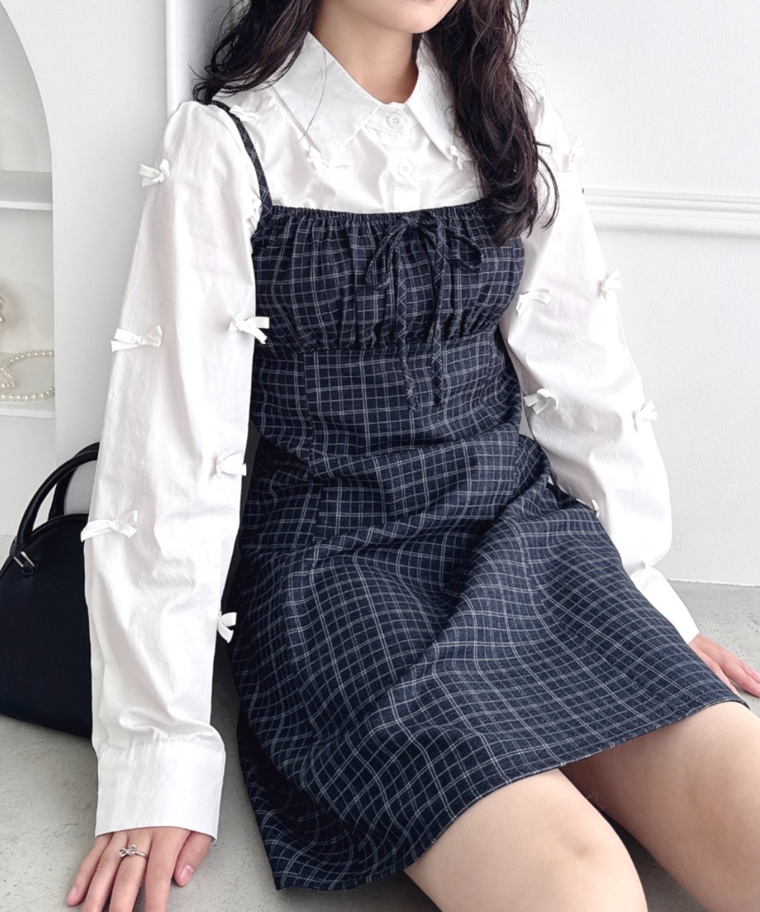 Loueme 【チェック&ドット】フロントリボンミニキャミワンピース アウトフィッターラボ ワンピース・ドレス ワンピース ブルー ブラック グレー ブラウン