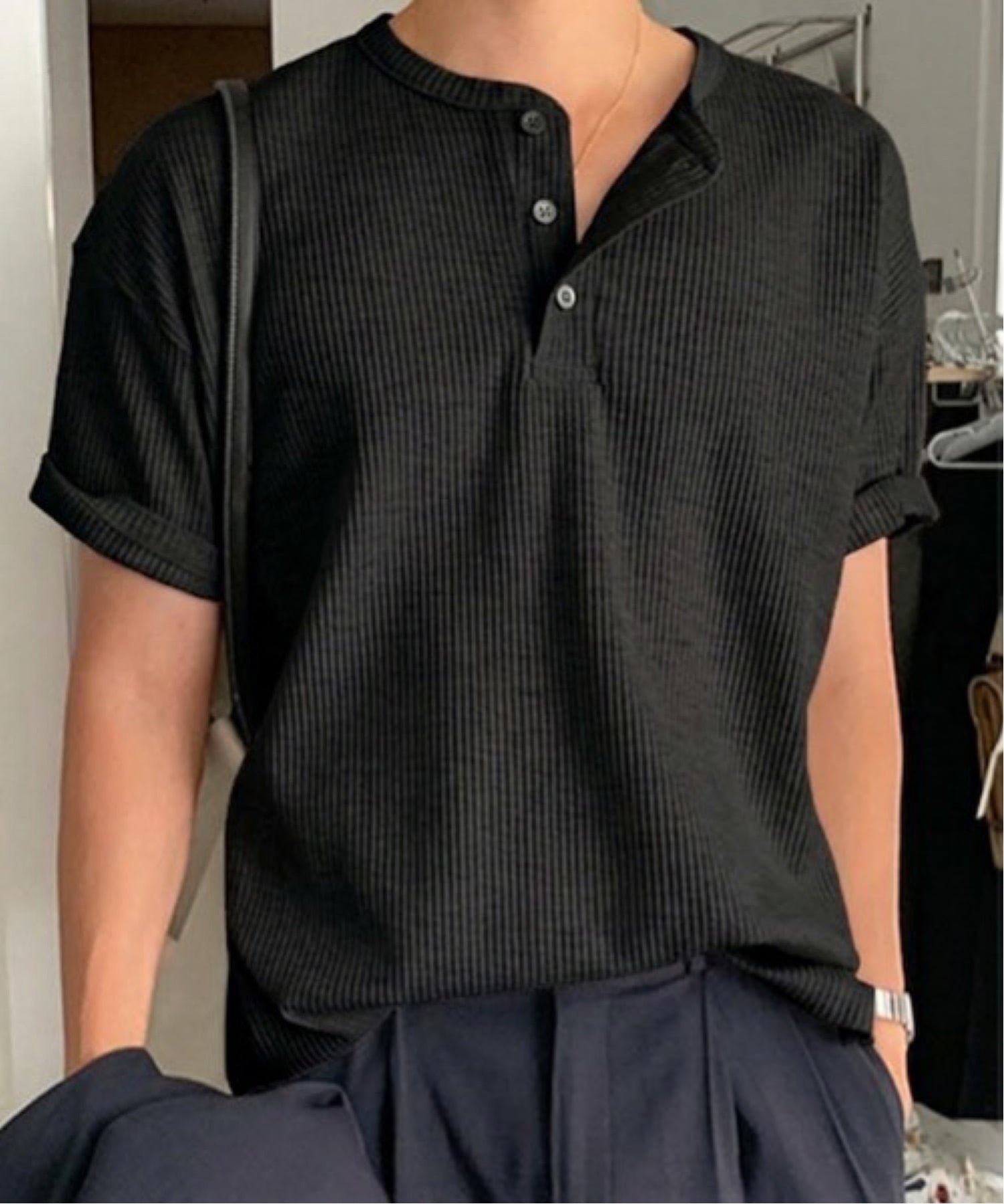 NOWLE NOWLE/(M)【NOWLE】凹凸ワッフル サーマル ヘンリーネック 半袖 Tシャツ/ アーバンリラックス ショートスリーブ トップス チェルカ トップス カットソー・Tシャツ ブラック グレー ホワイト