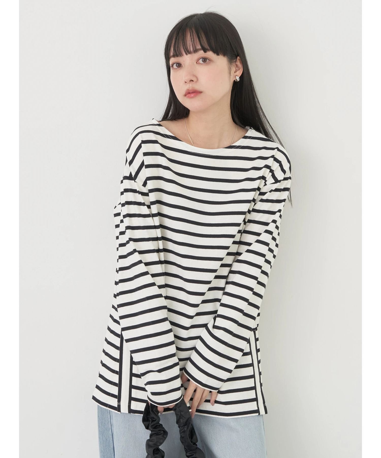 【SALE／30%OFF】earth music&ecology ボーダーカットソーチュニック アースミュージック&エコロジー トップス カットソー・Tシャツ ネイビー ブルー イエロー ホワイトのサムネイル