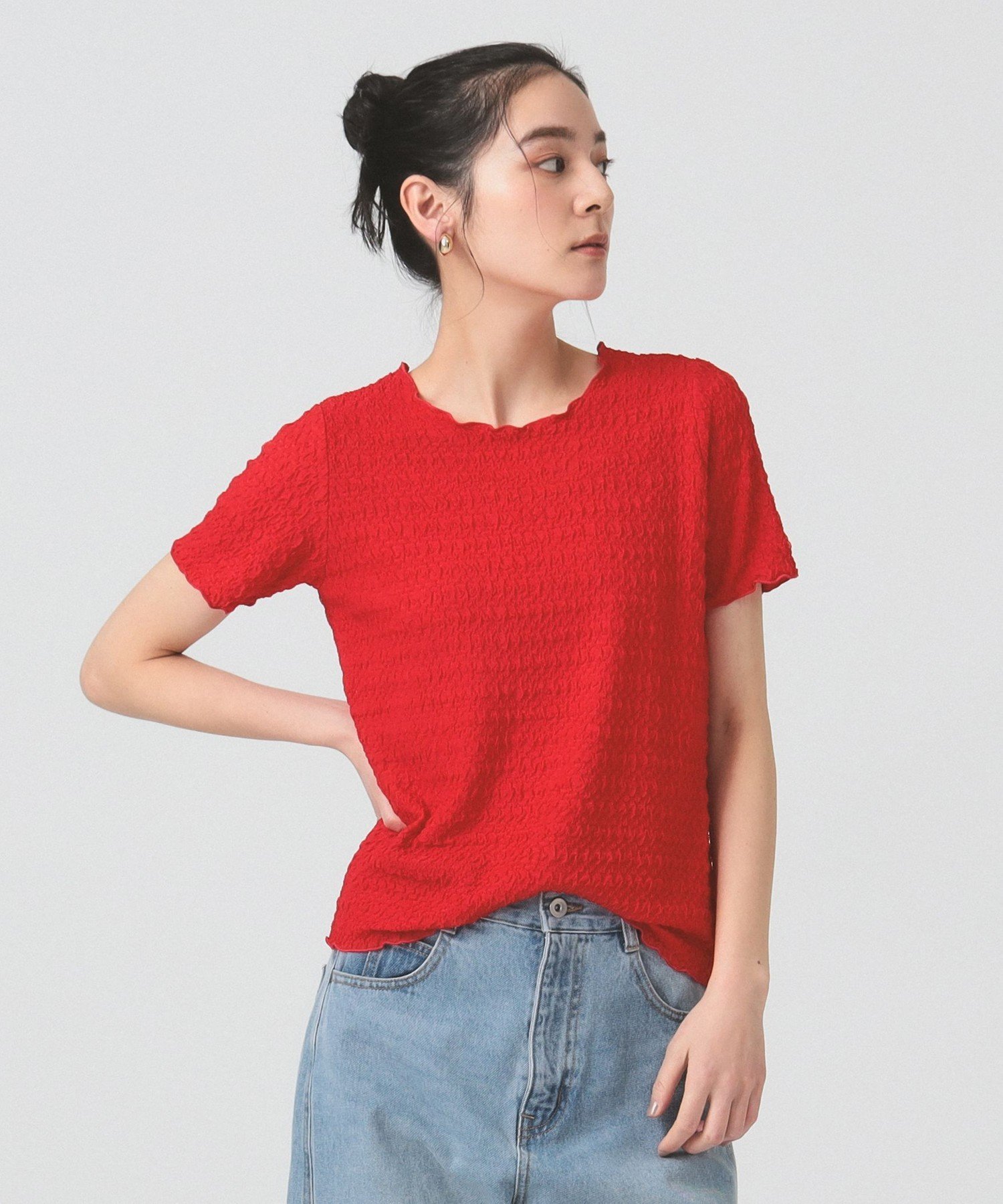 Ray BEAMS シュリンク ストレッチTシャツ ビームス ウイメン トップス カットソー・Tシャツ レッド ブラック ホワイト【送料無料】
