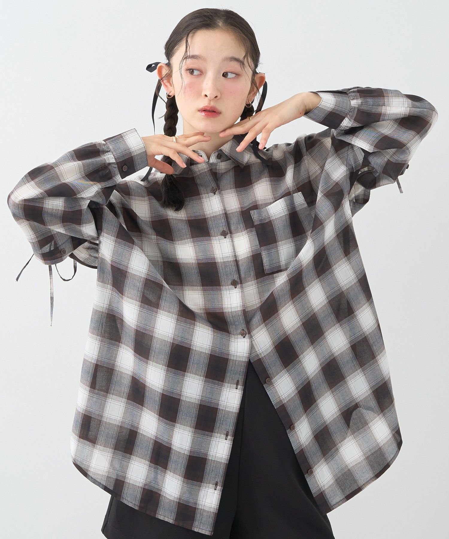 【SALE／50%OFF】earth music&ecology 2wayショルダードロストリボンチェックシャツ アースミュージッ..