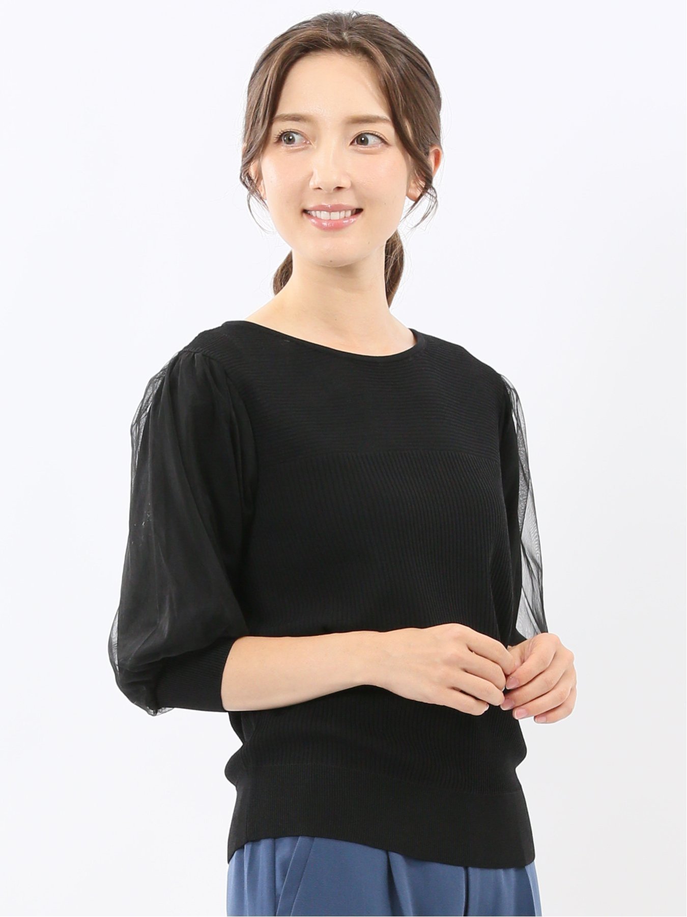 m.f.editorial ハンドウォッシャブル 袖チュール ニットプルオーバー タカキュー トップス ニット ブルー【送料無料】