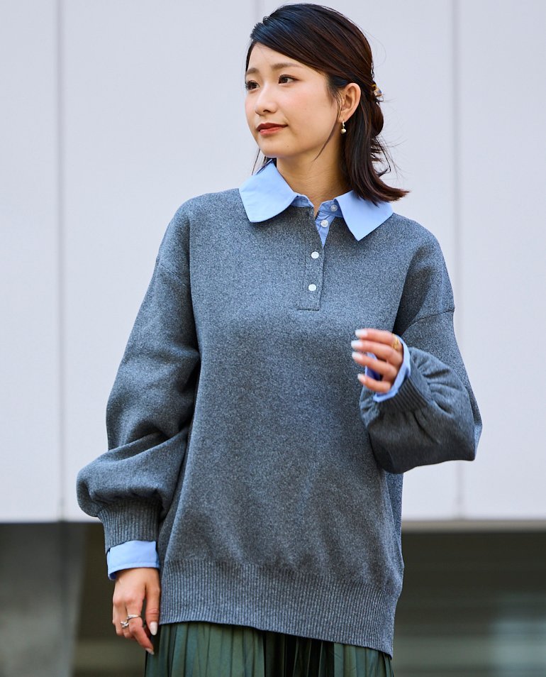 YEVS 12Gシャツ襟ポロニットプルオーバー イーブス トップス ニット ブラック グレー【送料無料】