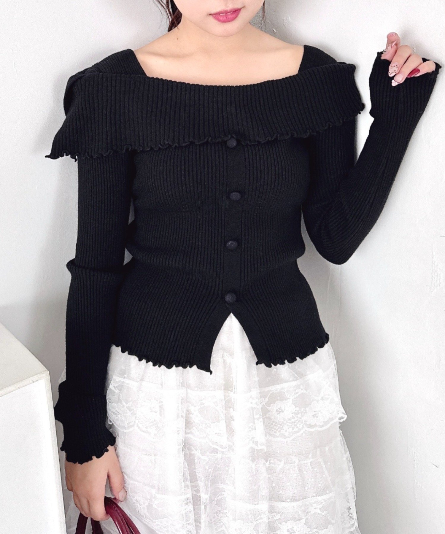 Square Neck - 【SALE／25%OFF】Loueme フロントボタンオフショル風ニットトップス アウトフィッターラボ トップス ニット ブラック グレー レッド ホワイト