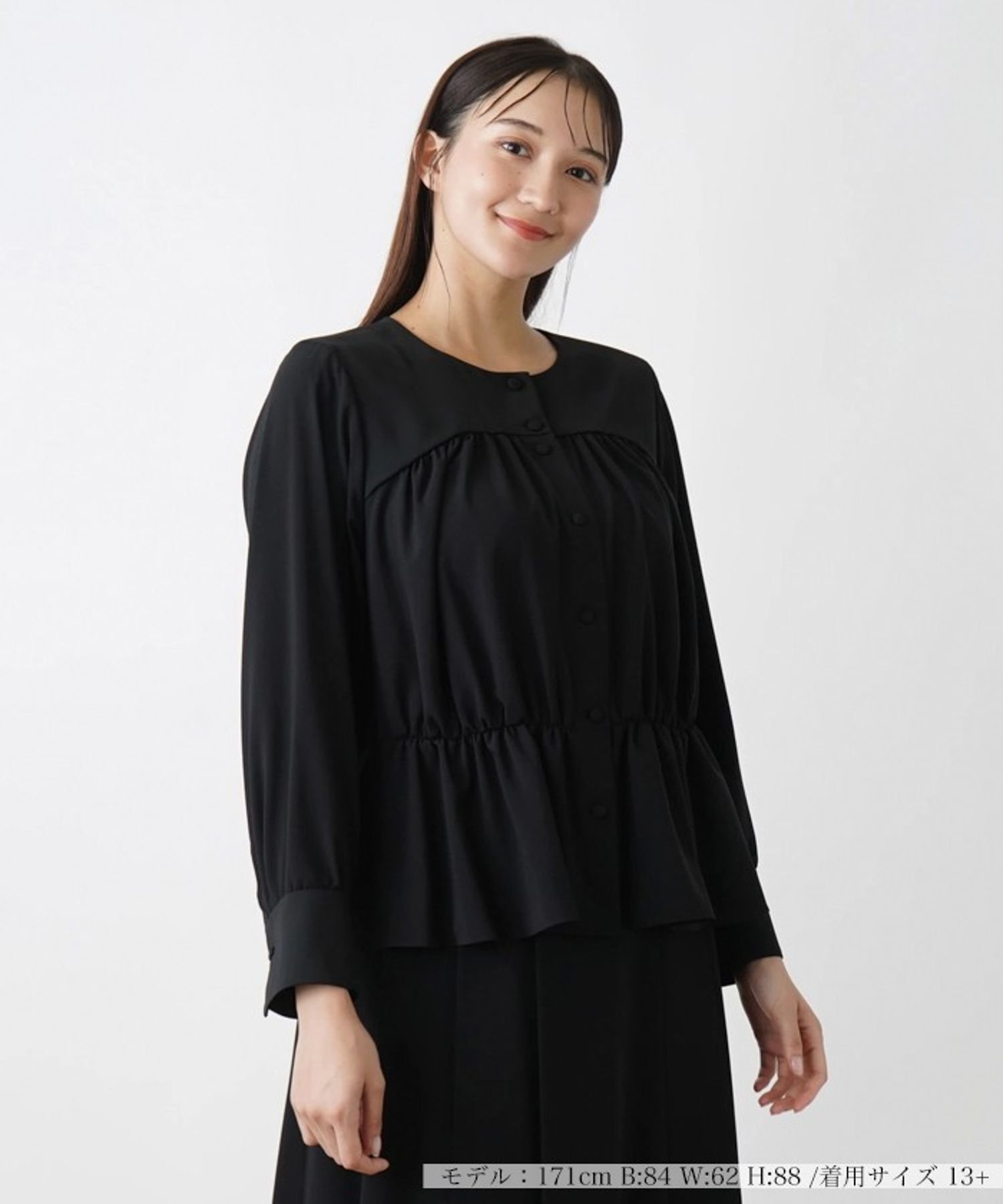Leilian PLUS HOUSE ノーカラーブラウス【BOURGE】 レリアン プラスハウス トップス シャツ・ブラウス ブラック