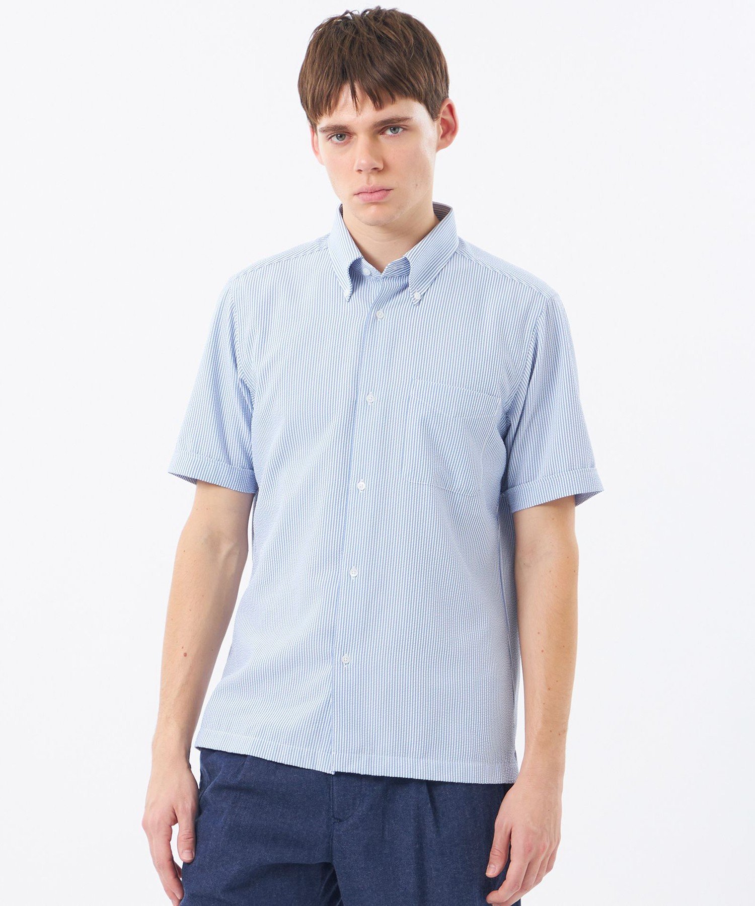 MACKINTOSH PHILOSOPHY 【WEB&一部店舗限定】トロッター スクエアボタンダウン半袖シャツ サッカーストライプ マッキントッシュ フィロソフィー トップス シャツ・ブラウス ブルー グリーン ネイビー ホワイト【送料無料】
