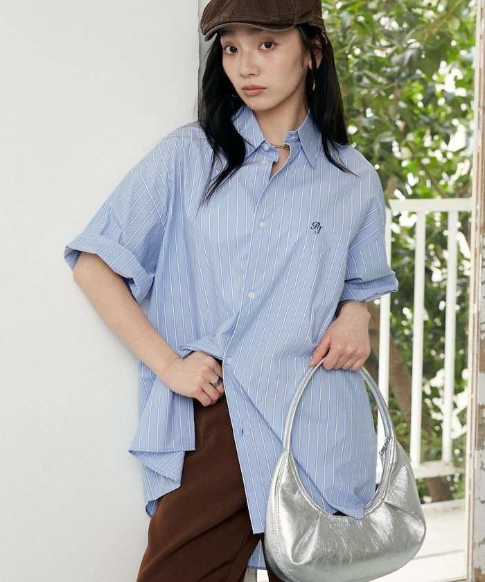 PEACH JOHN ワンポイント刺繍ハーフスリーブシャツ 限定展開 フリークスストア トップス シャツ・ブラウス ブルー ブラック