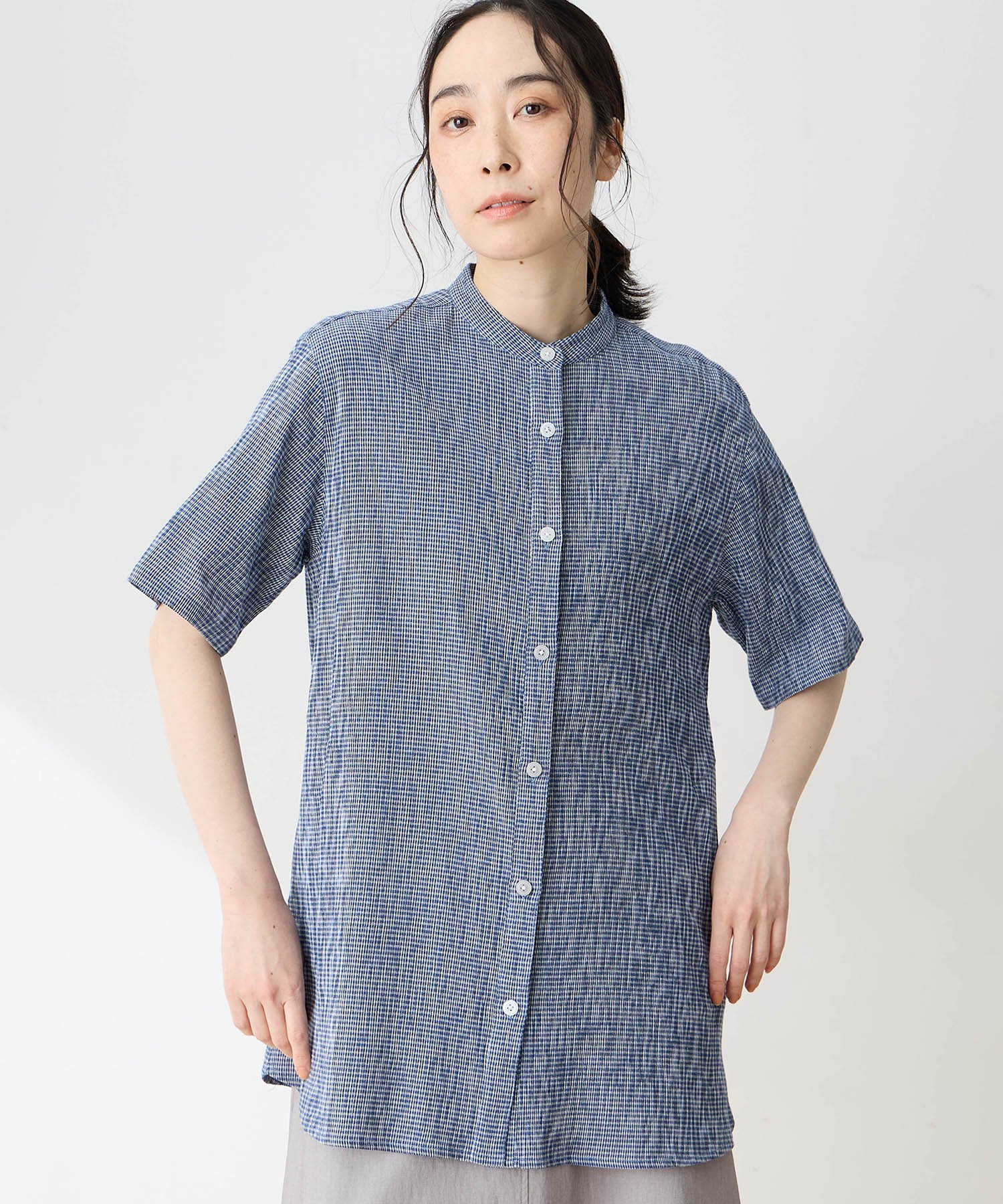 DECOY 【高島ちぢみ】チュニックブラウス【汗をかいてもムレにくい】 デコイシンス1981 トップス シャツ・ブラウス ブラック ブルー【送料無料】