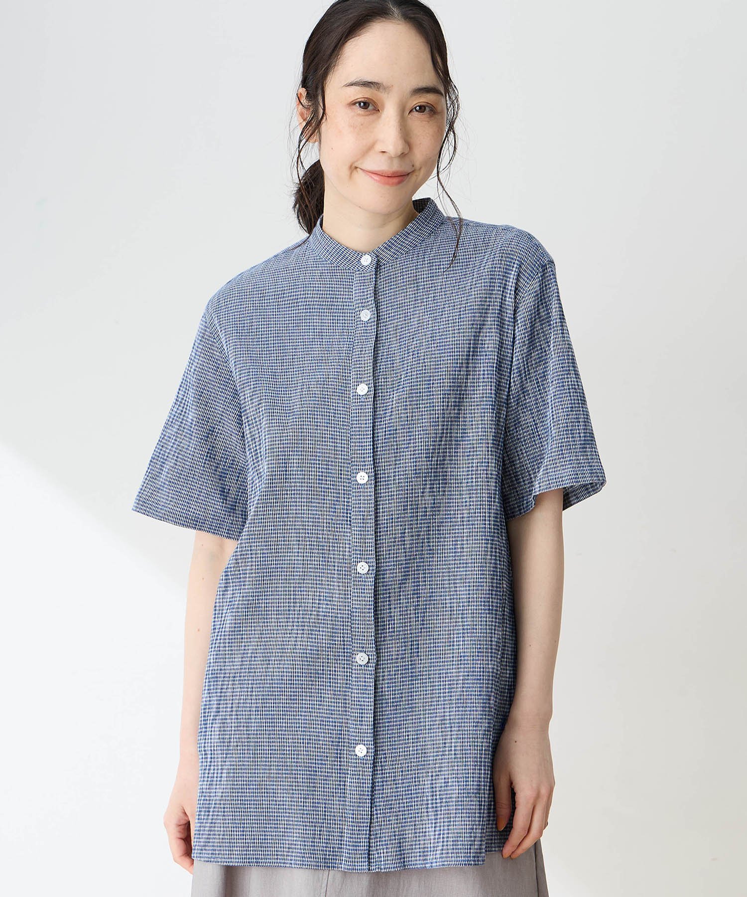DECOY 【高島ちぢみ】チュニックブラウス【汗をかいてもムレにくい】 デコイシンス1981 トップス シャツ・ブラウス ブラック ブルー【送料無料】