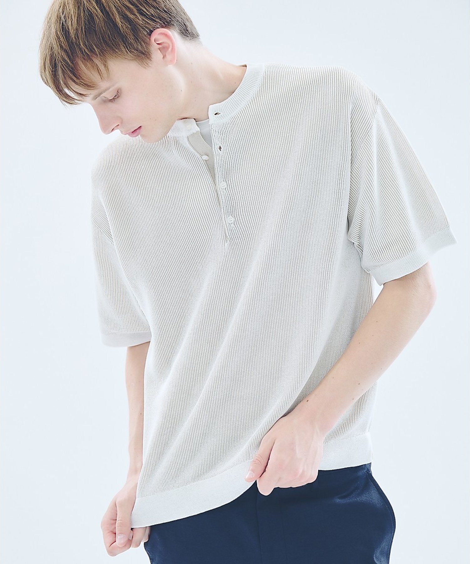 ABAHOUSE LASTWORD ドライタッチ ヘンリーネック シアーニットTシャツ アバハウス トップス カットソー・Tシャツ ホワイト ベージュ ブラック ブルー【送料無料】