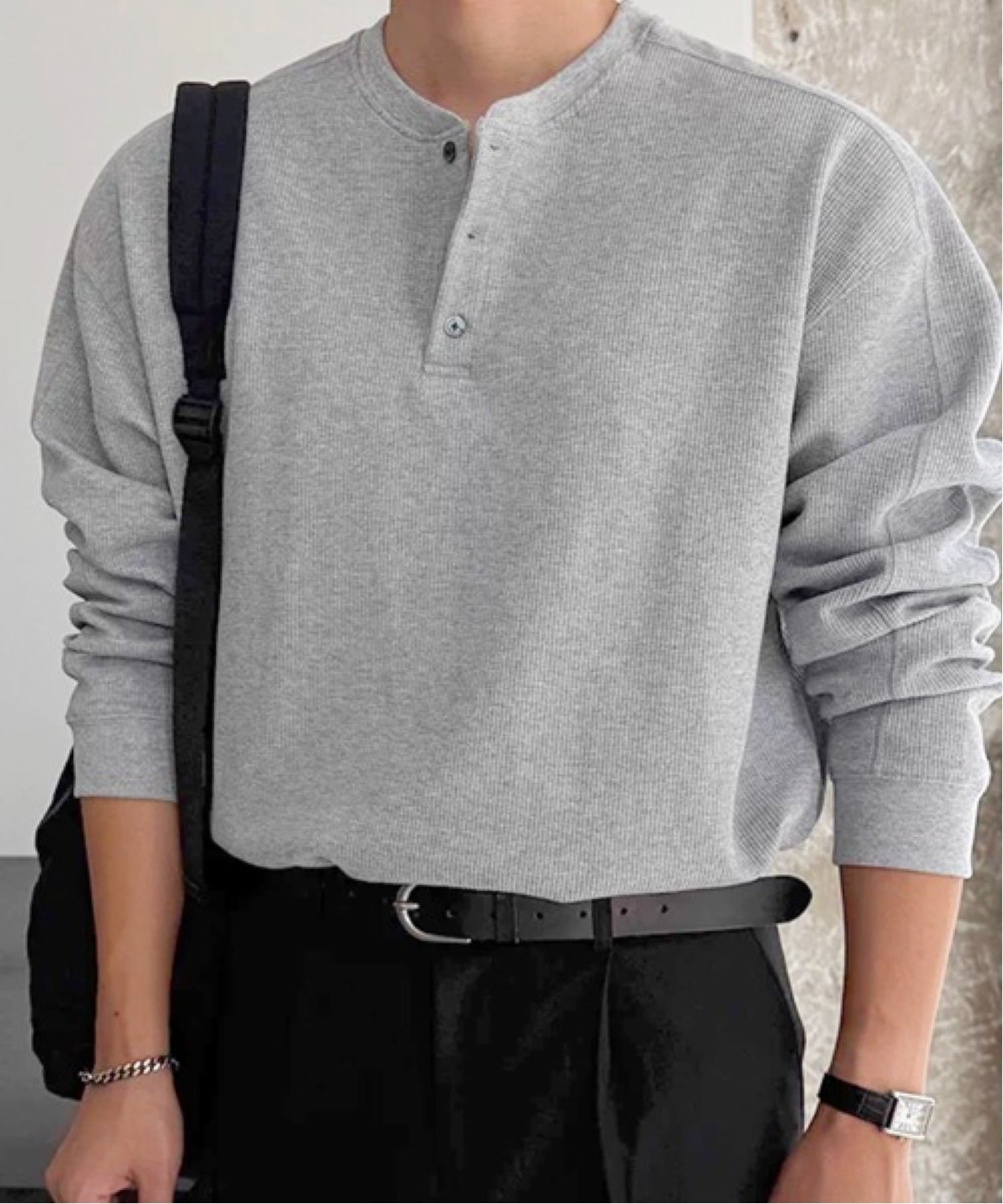 NOWLE NOWLE/(M)【NOWLE】3ボタン ヘンリーネック リブ ロンT / ワッフル サーマル チェルカ トップス カットソー・Tシャツ ブラック グレー