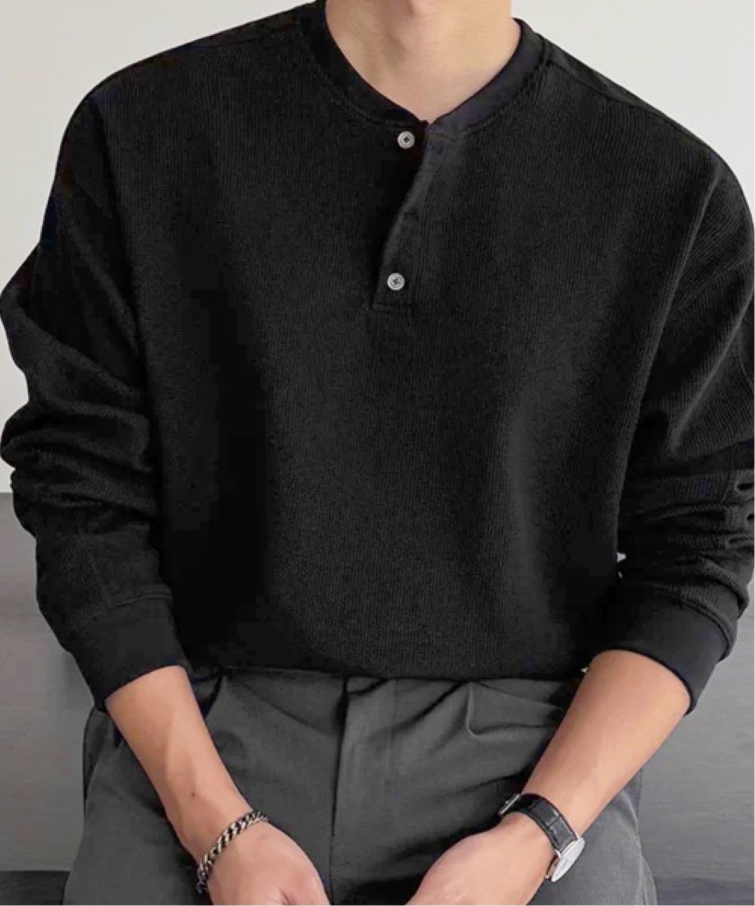 NOWLE NOWLE/(M)【NOWLE】3ボタン ヘンリーネック リブ ロンT / ワッフル サーマル チェルカ トップス カットソー・Tシャツ ブラック グレー