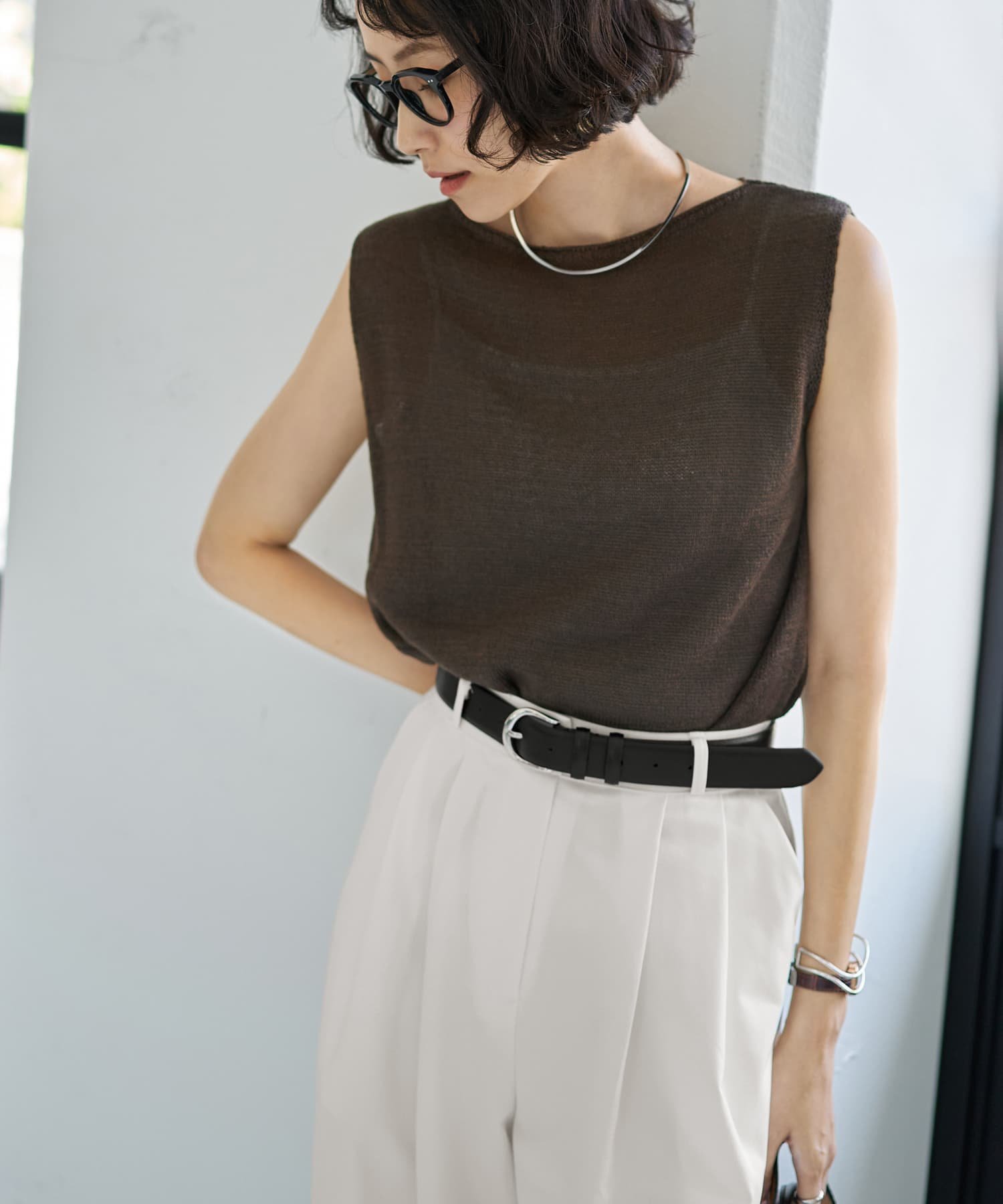 STYLE DELI ペーパーヤーンノースリニットトップス スタイルデリ トップス ニット ベージュ パープル ブラウン