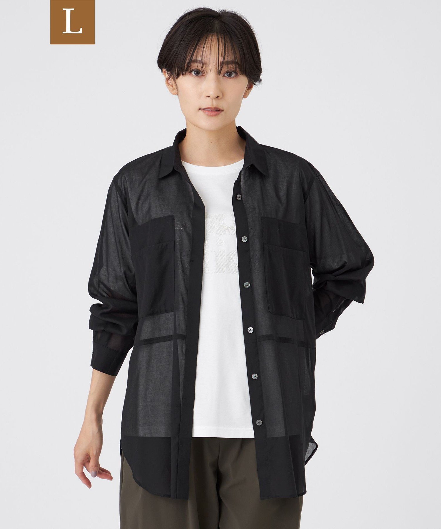 【L】【接触冷感】【ウォッシャブル】シアーボイルロングシャツ サンヨー エルサイズ トップス シャツ・ブラウス ベージュ ブラック