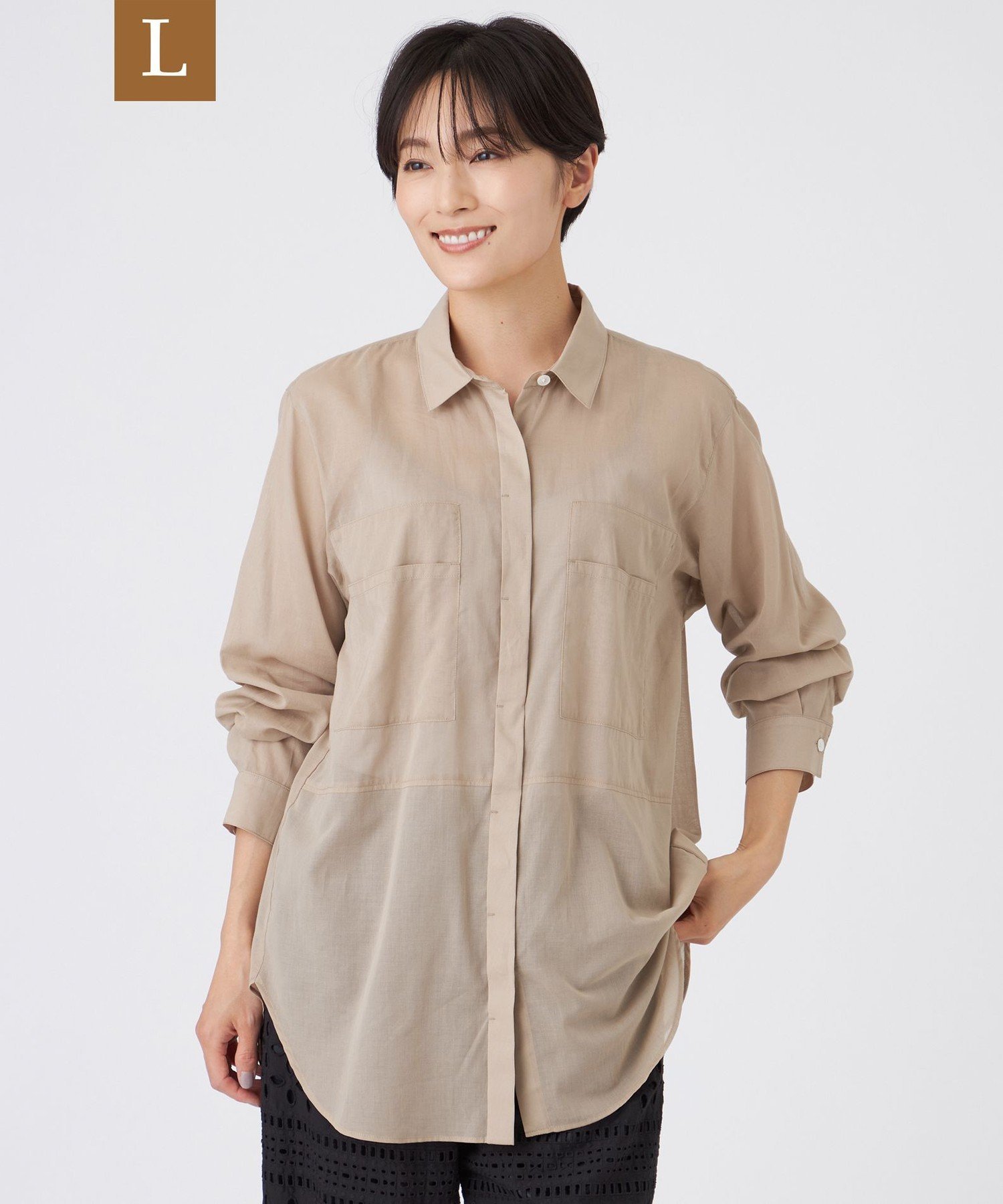 【L】【接触冷感】【ウォッシャブル】シアーボイルロングシャツ サンヨー エルサイズ トップス シャツ・ブラウス ベージュ ブラック