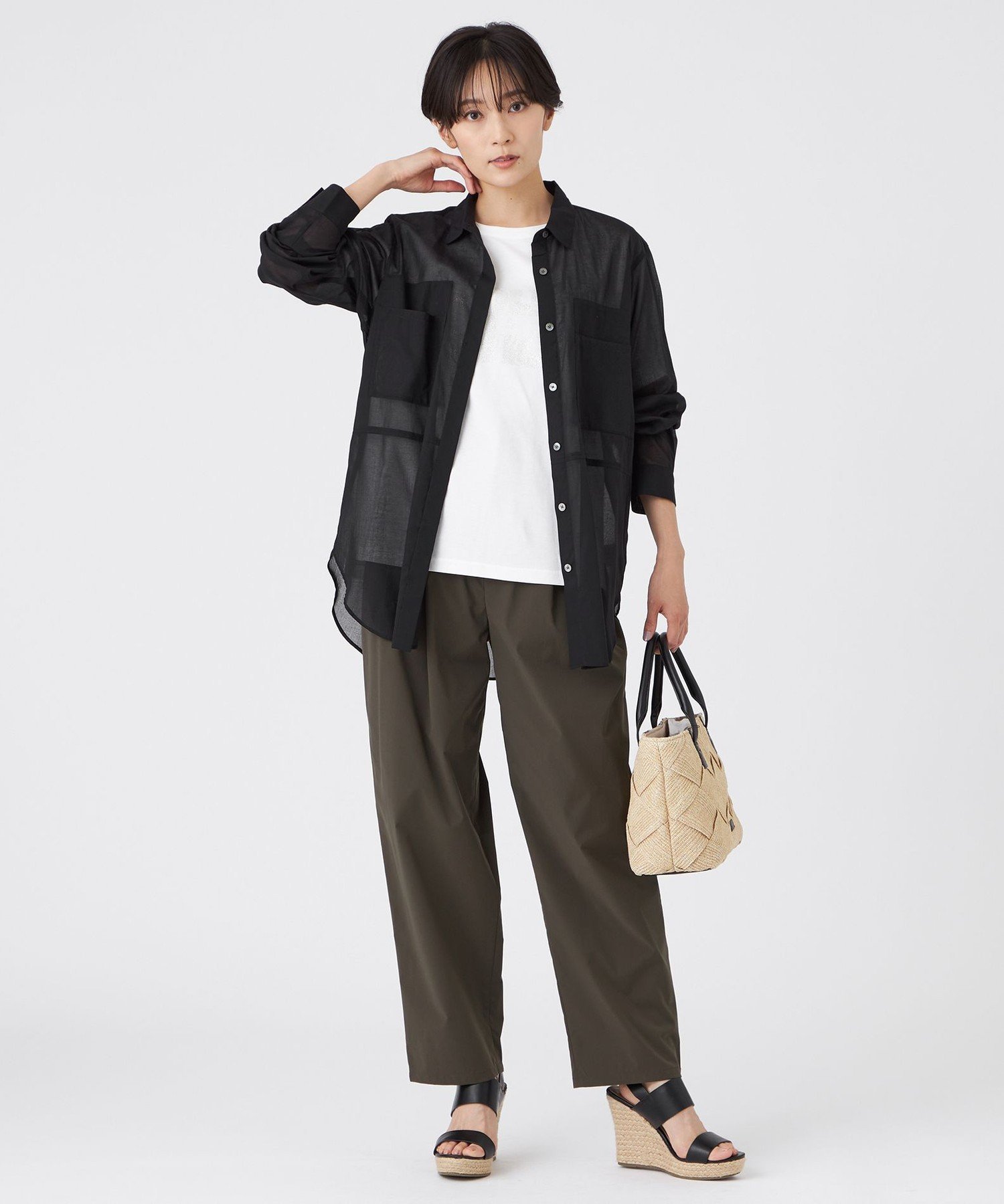 【L】【接触冷感】【ウォッシャブル】シアーボイルロングシャツ サンヨー エルサイズ トップス シャツ・ブラウス ベージュ ブラック
