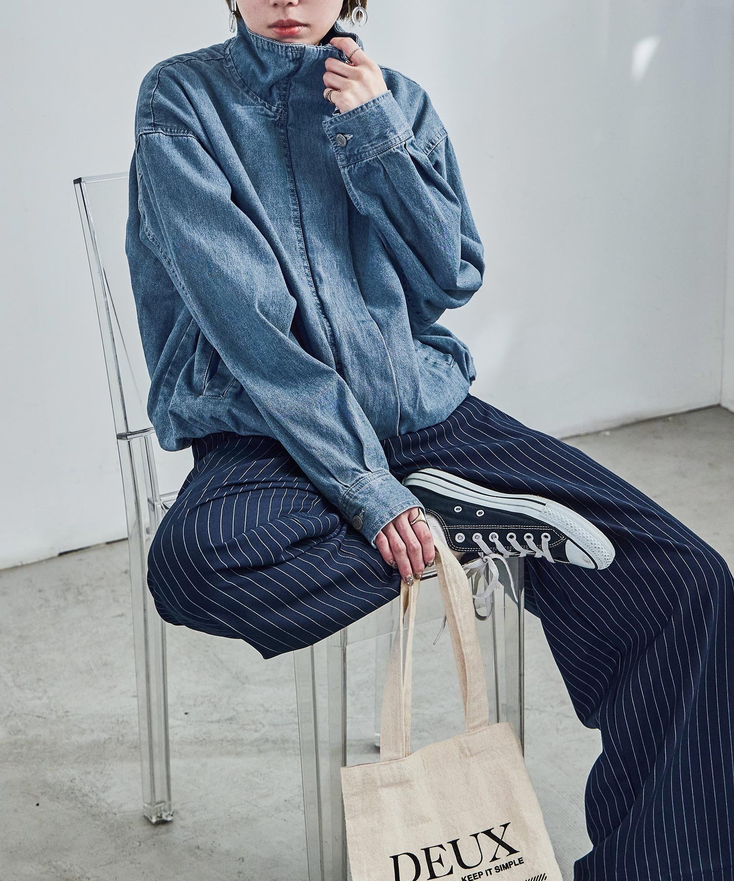 FashionLetter スタンドカラー デニムブルゾン ビーフラット ジャケット アウター デニムジャケット ブルー ネイビー【送料無料】