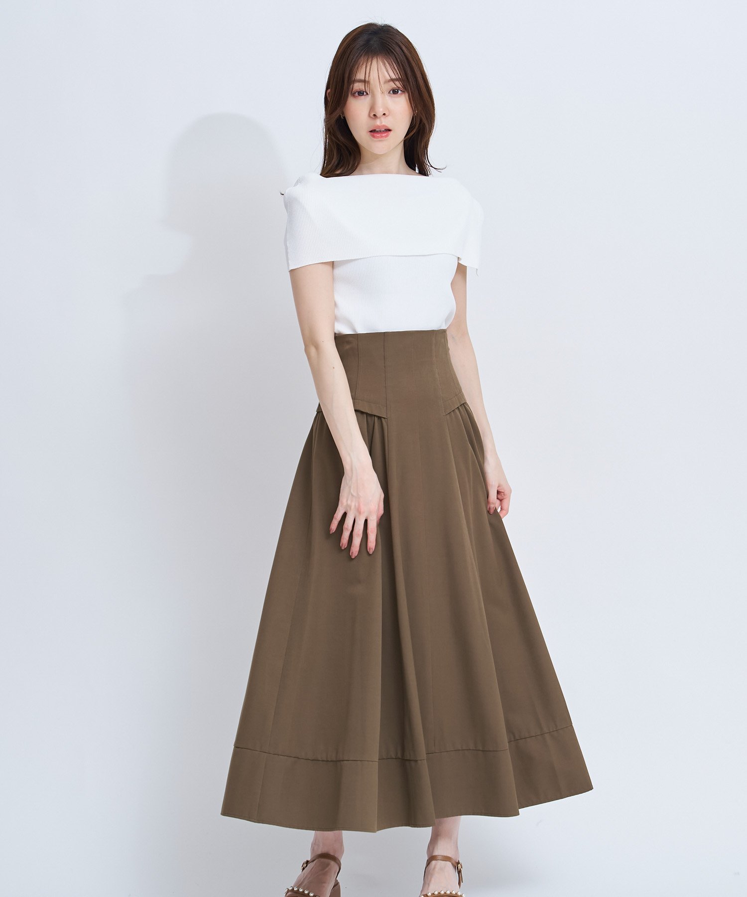 Noela ハイウエストデザインスカート ノエラ スカート ロング・マキシスカート ホワイト カーキグリーン ベージュ
