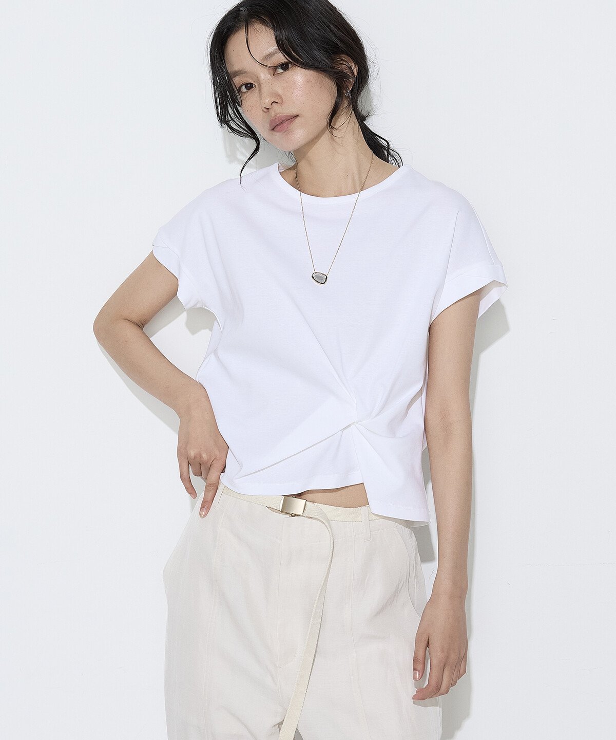 K.T KIYOKO TAKASE コットン強撚ポンチ デザインタックシャツ コムサ トップス カットソー・Tシャツ ブルー ホワイト ブラウン