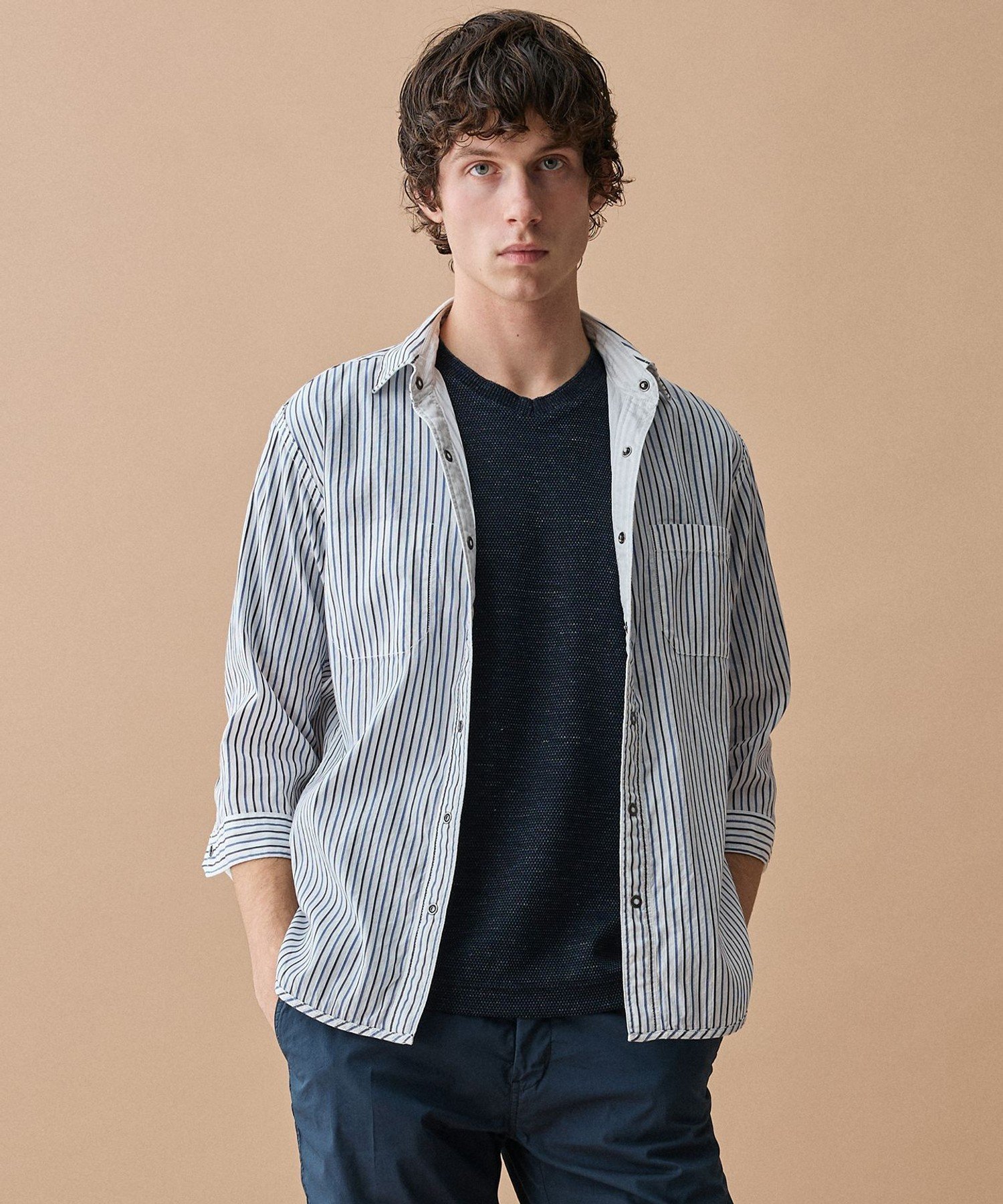 ABBOUD 【2WAY】リバーシブルストライプ 七分袖 シャツ ジョセフアブード トップス シャツ・ブラウス ネイビー ホワイト