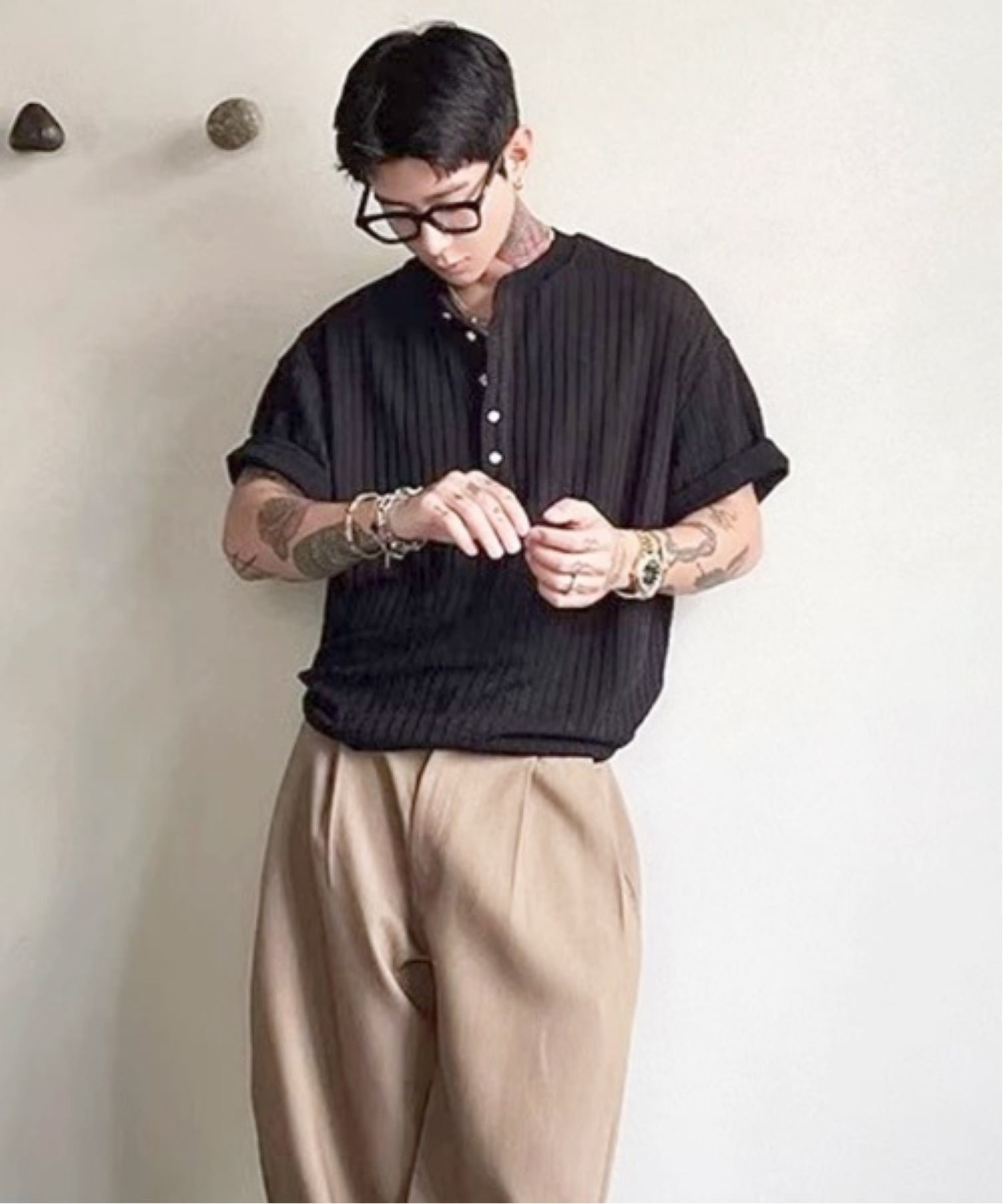 NOWLE NOWLE/(M)【NOWLE】リブテクスチャー ヘンリーネック 半袖Tシャツ / ヴィンテージライク クラフトジャガード トップス チェルカ トップス カットソー・Tシャツ ホワイト ブラック