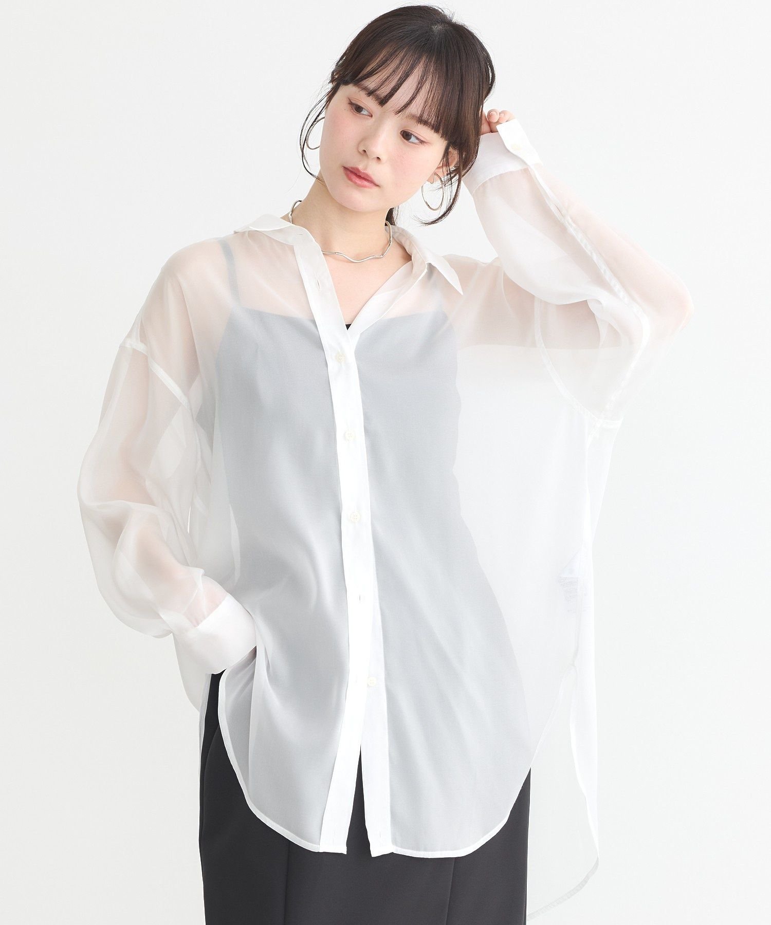 【SALE／10%OFF】earth music&ecology シアーシャツ アースミュージック&エコロジー トップス シャツ・ブラウス ブラック ホワイト ブルーのサムネイル