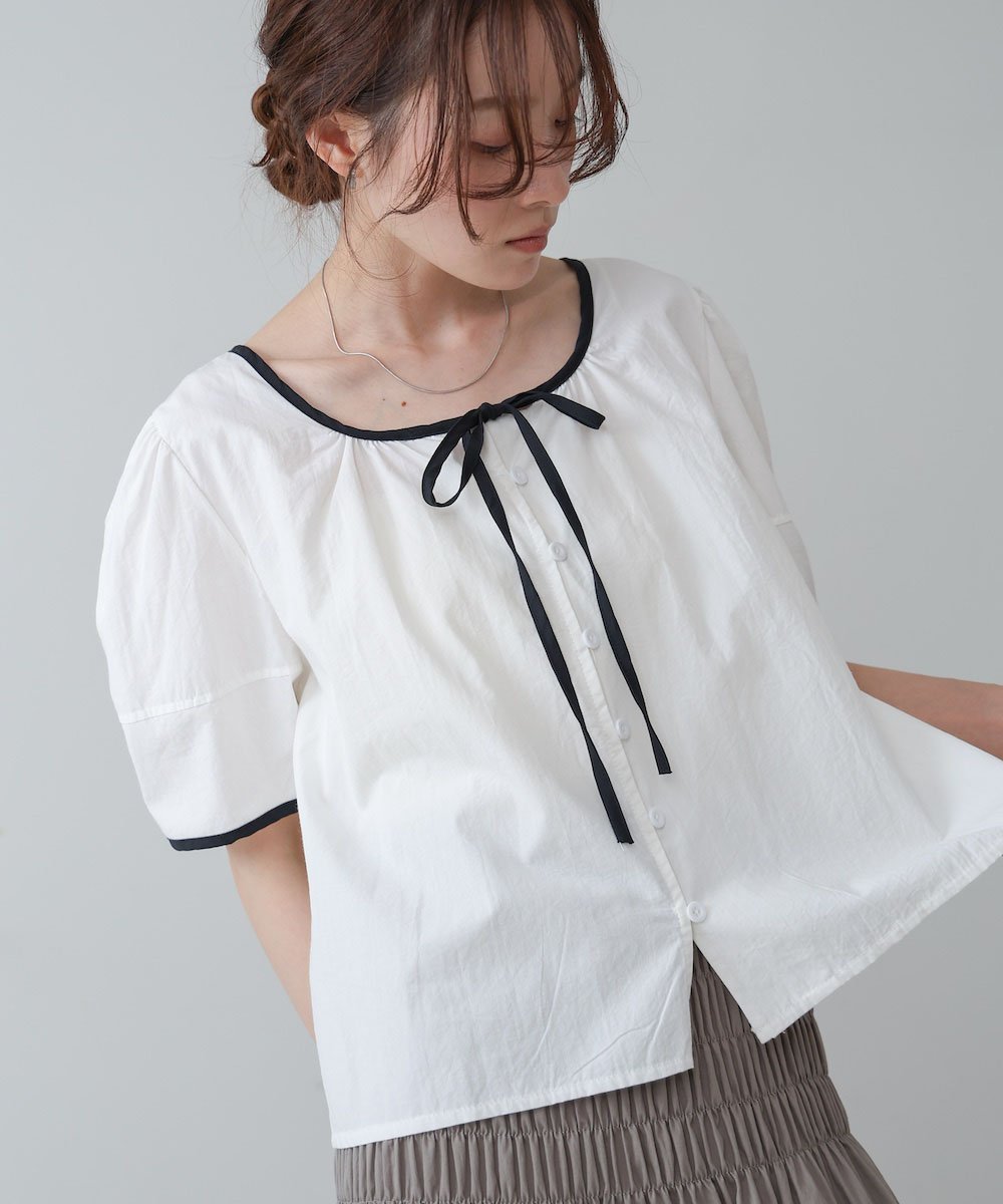 【SALE／30%OFF】Bab パイピングリボンブラウス バブ / ブージュルード トップス シャツ・ブラウス ホワイト ベージュ ピンク