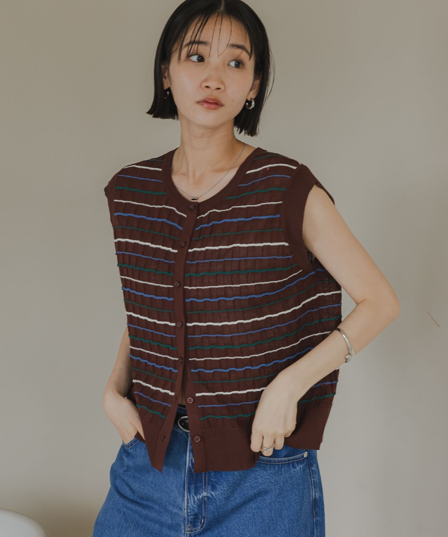 【SALE／50%OFF】LOWRYS FARM ボーダーメローニットノースリーブ ローリーズファーム トップス ニット ブラック ホワイト ブラウン